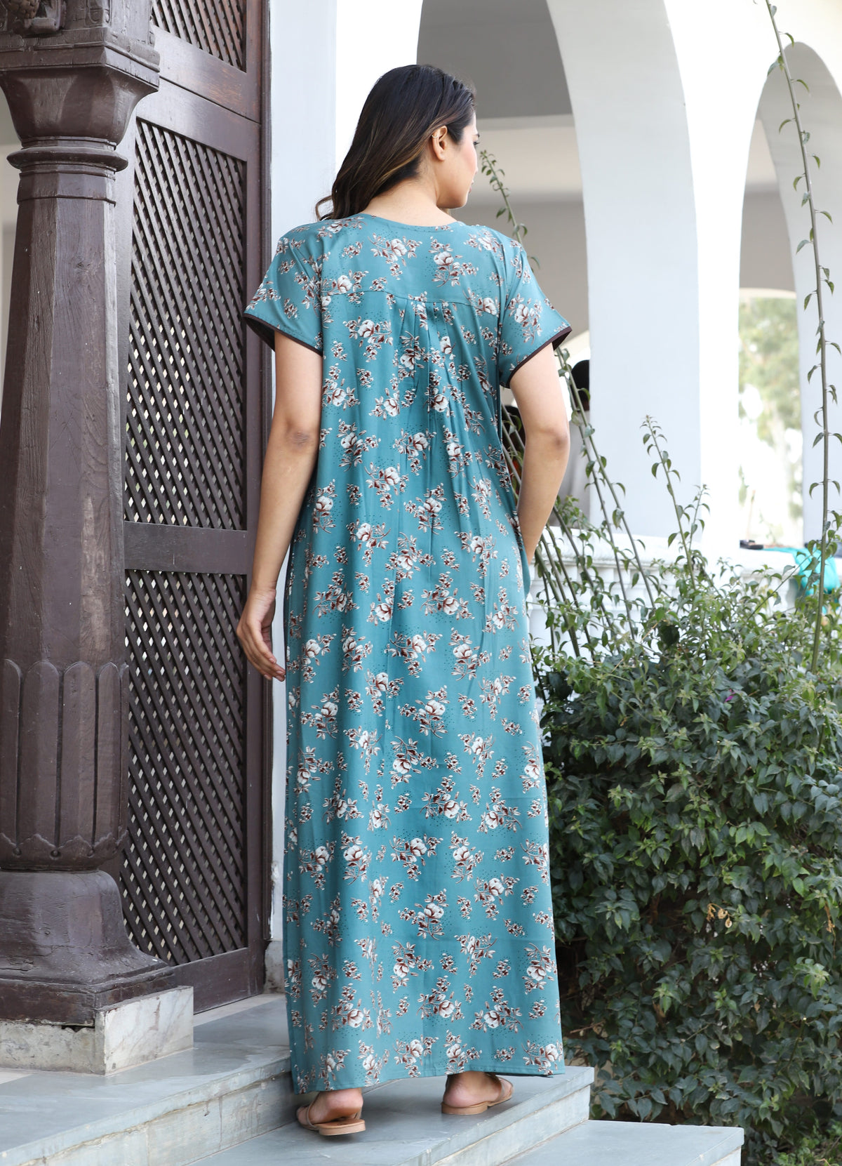Womens Teal Blue Alpine Fabric Floral Printed Maxi Nighty | Premium Soft Full Length Nightgown with Side Pocket