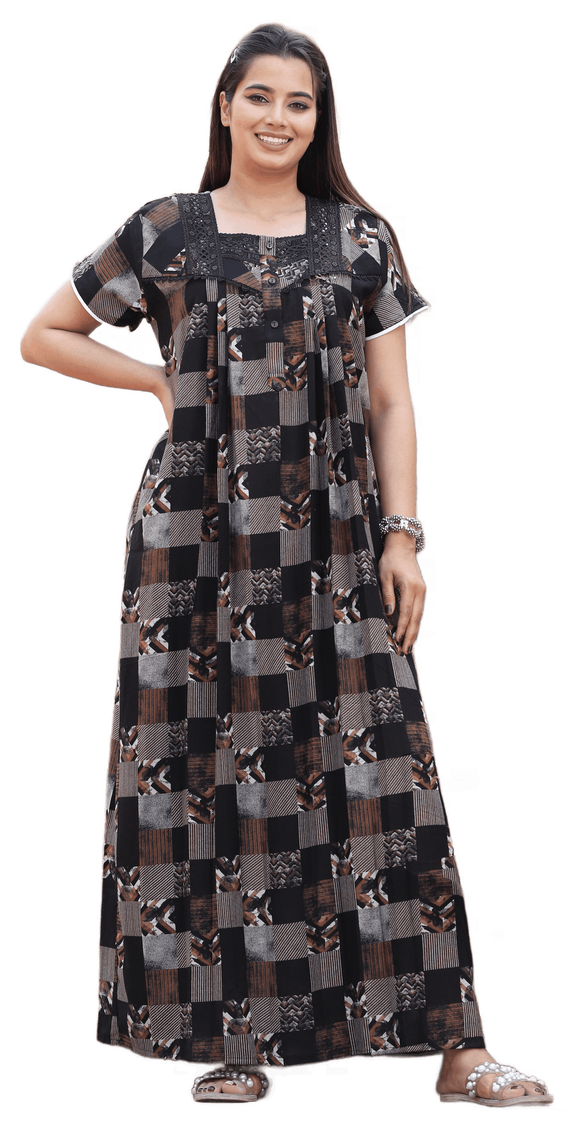 Womens Checkered Alpine Fabric Geometric Printed Maxi Nighty | Premium Square Neck Embroidered Full Length Nightgown