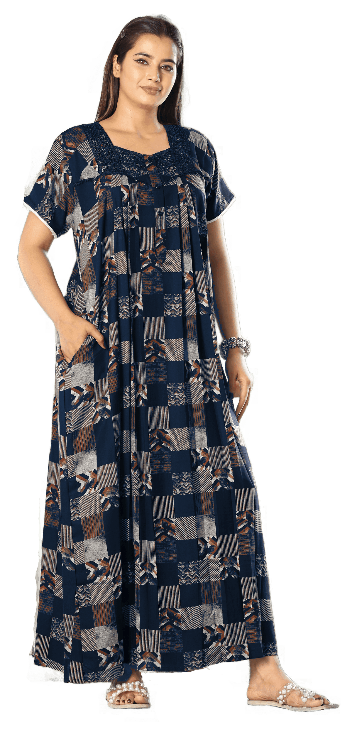 Womens Navy Blue Checkered Alpine Fabric Geometric Printed Maxi Nighty | Premium Square Neck Embroidered Full Length Nightgown