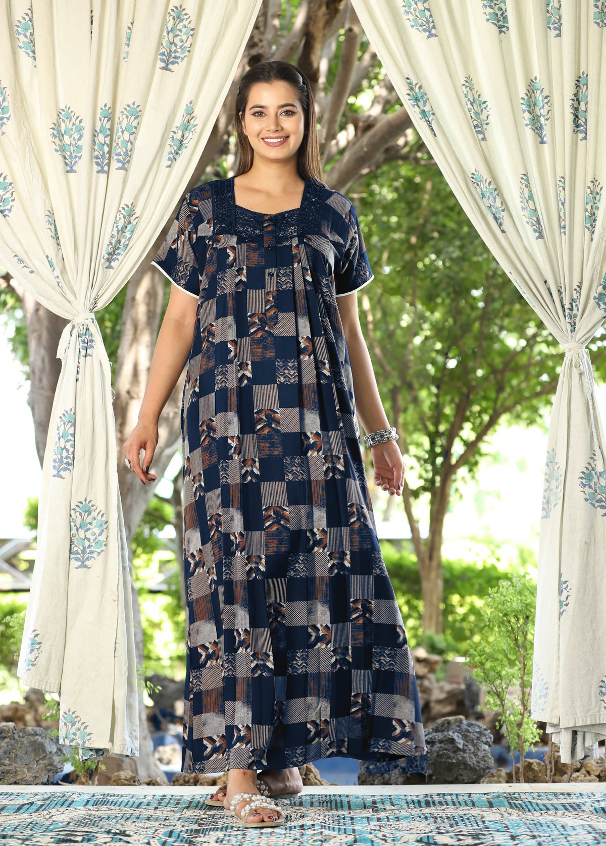Womens Navy Blue Checkered Alpine Fabric Geometric Printed Maxi Nighty | Premium Square Neck Embroidered Full Length Nightgown
