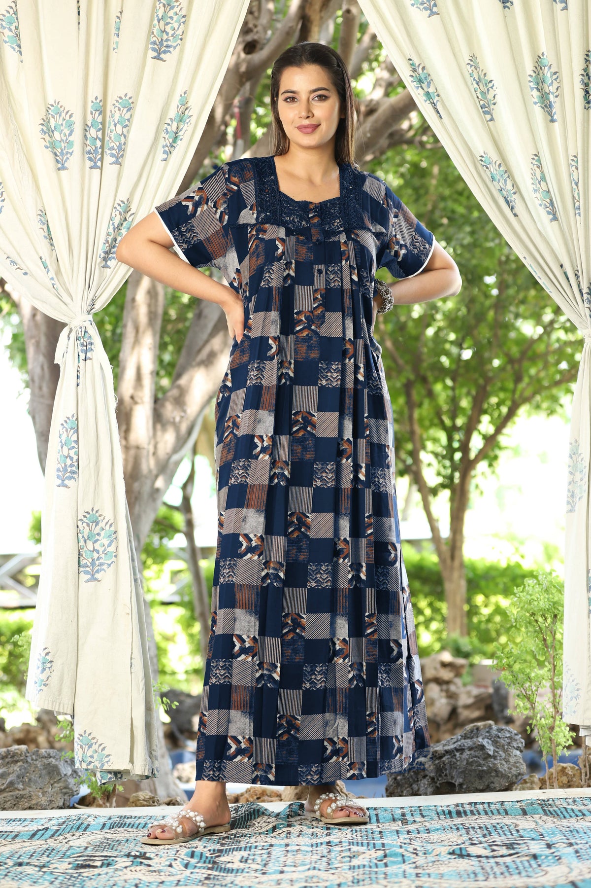 Womens Navy Blue Checkered Alpine Fabric Geometric Printed Maxi Nighty | Premium Square Neck Embroidered Full Length Nightgown