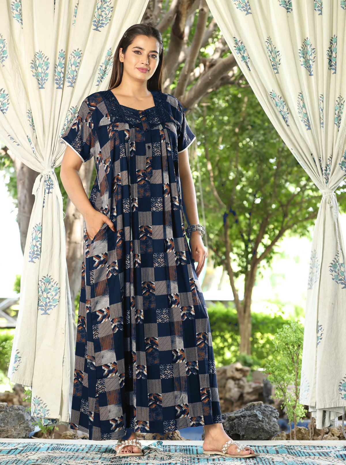 Womens Navy Blue Checkered Alpine Fabric Geometric Printed Maxi Nighty | Premium Square Neck Embroidered Full Length Nightgown