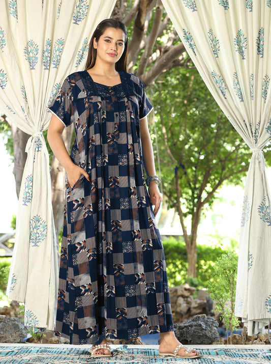 Womens Navy Blue Checkered Alpine Fabric Geometric Printed Maxi Nighty | Premium Square Neck Embroidered Full Length Nightgown