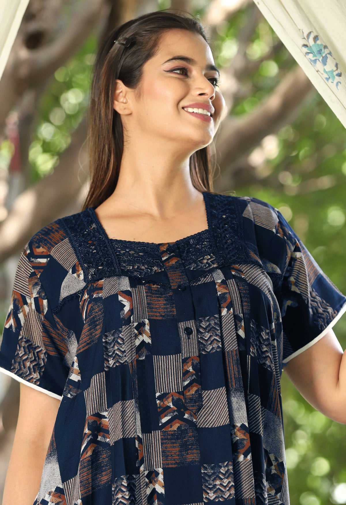 Womens Navy Blue Checkered Alpine Fabric Geometric Printed Maxi Nighty | Premium Square Neck Embroidered Full Length Nightgown