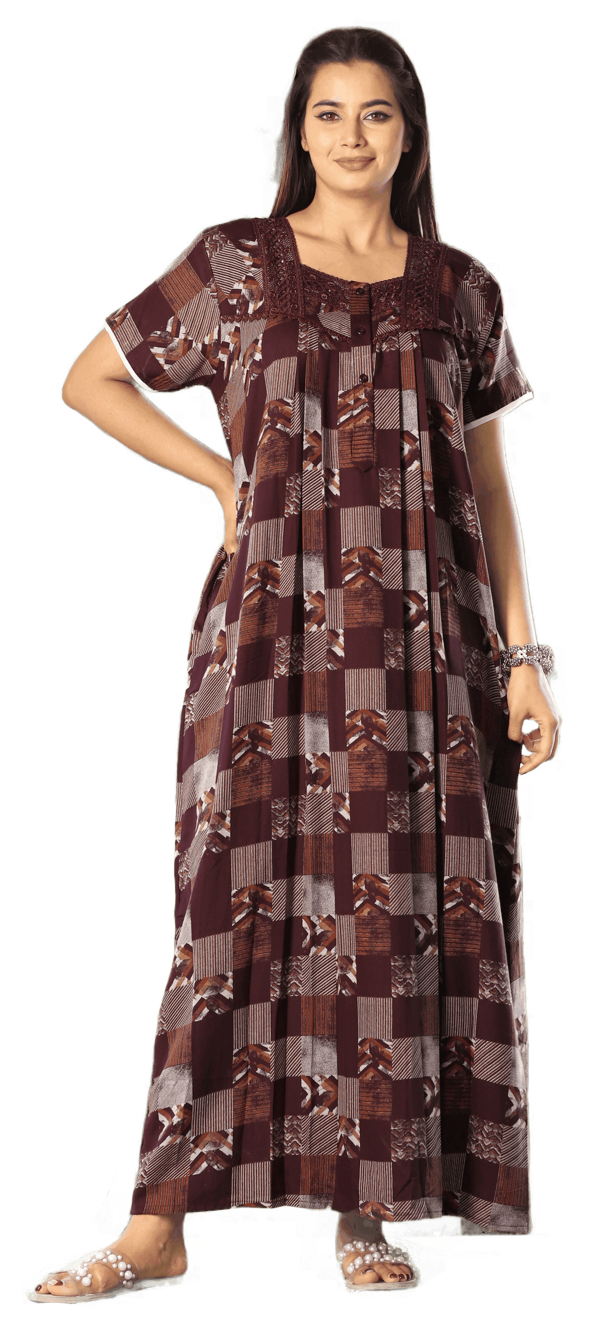 Womens Maroon Checkered Alpine Fabric Geometric Printed Maxi Nighty | Premium Square Neck Embroidered Full Length Nightgown