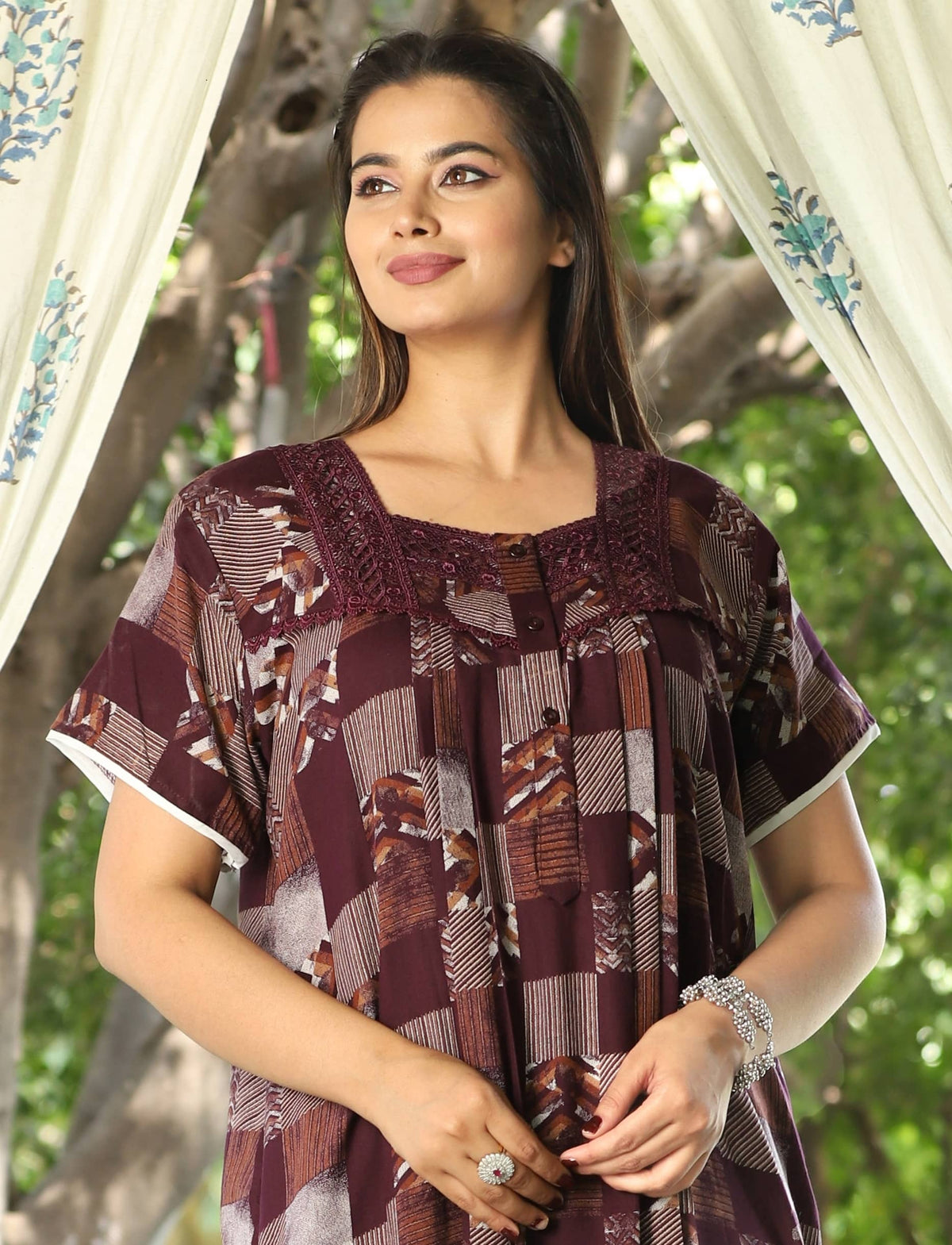 Womens Maroon Checkered Alpine Fabric Geometric Printed Maxi Nighty | Premium Square Neck Embroidered Full Length Nightgown