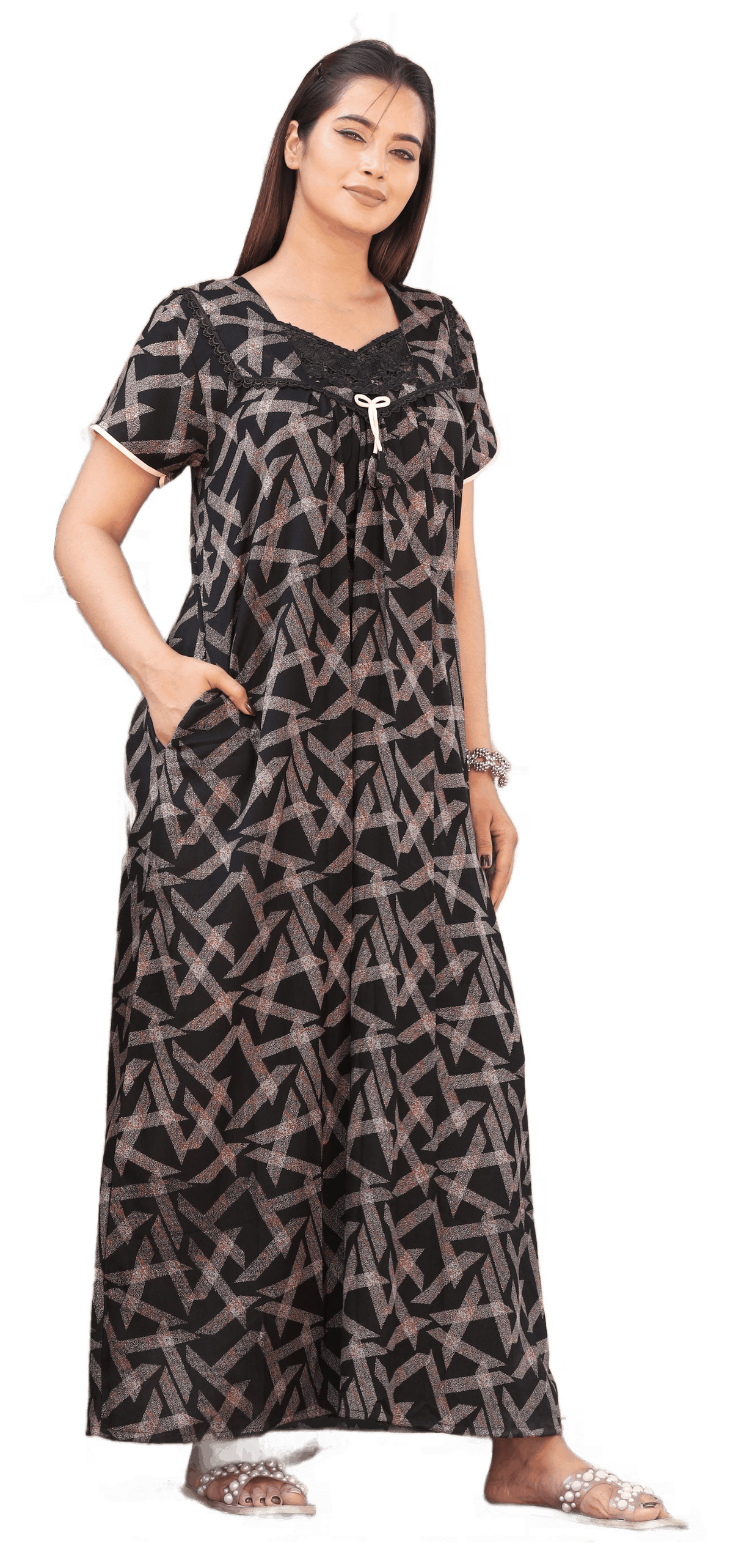 Womens Charcoal Black Alpine Fabric Geometric Printed Maxi Nighty | Premium Sweetheart V-Neck Embroidered Full Length Nightgown