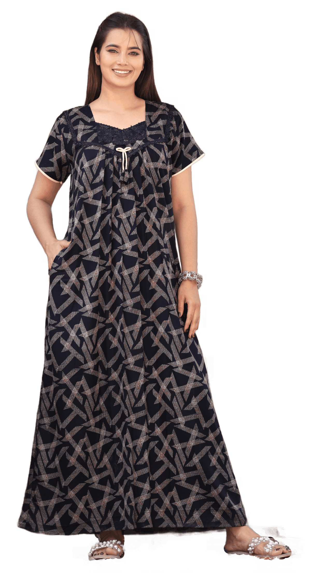 Womens Navy Blue Alpine Fabric Geometric Printed Maxi Nighty | Premium Sweetheart V-Neck Embroidered Full Length Nightgown
