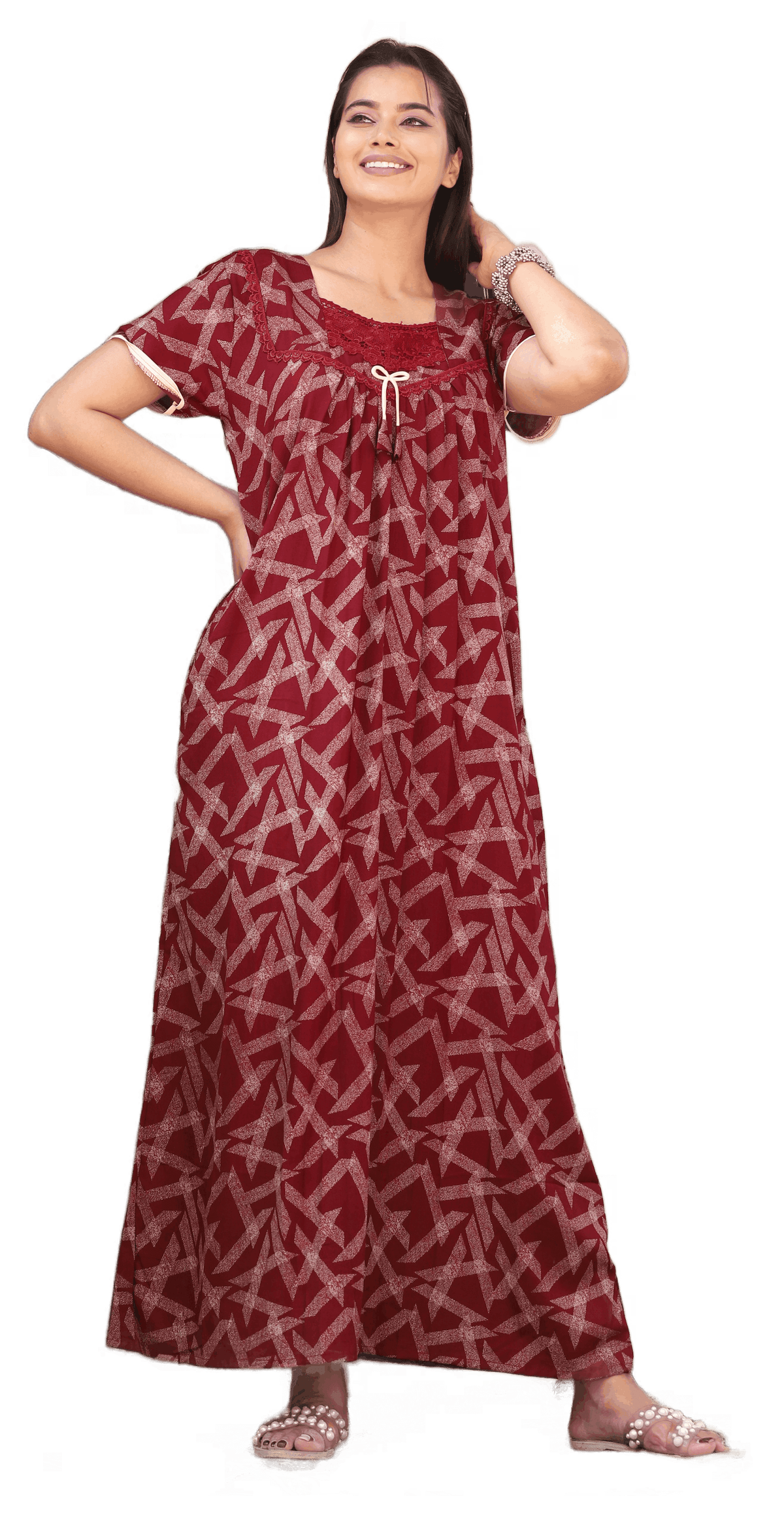 Womens Maroon Alpine Fabric Geometric Printed Maxi Nighty | Premium Sweetheart V-Neck Embroidered Full Length Nightgown