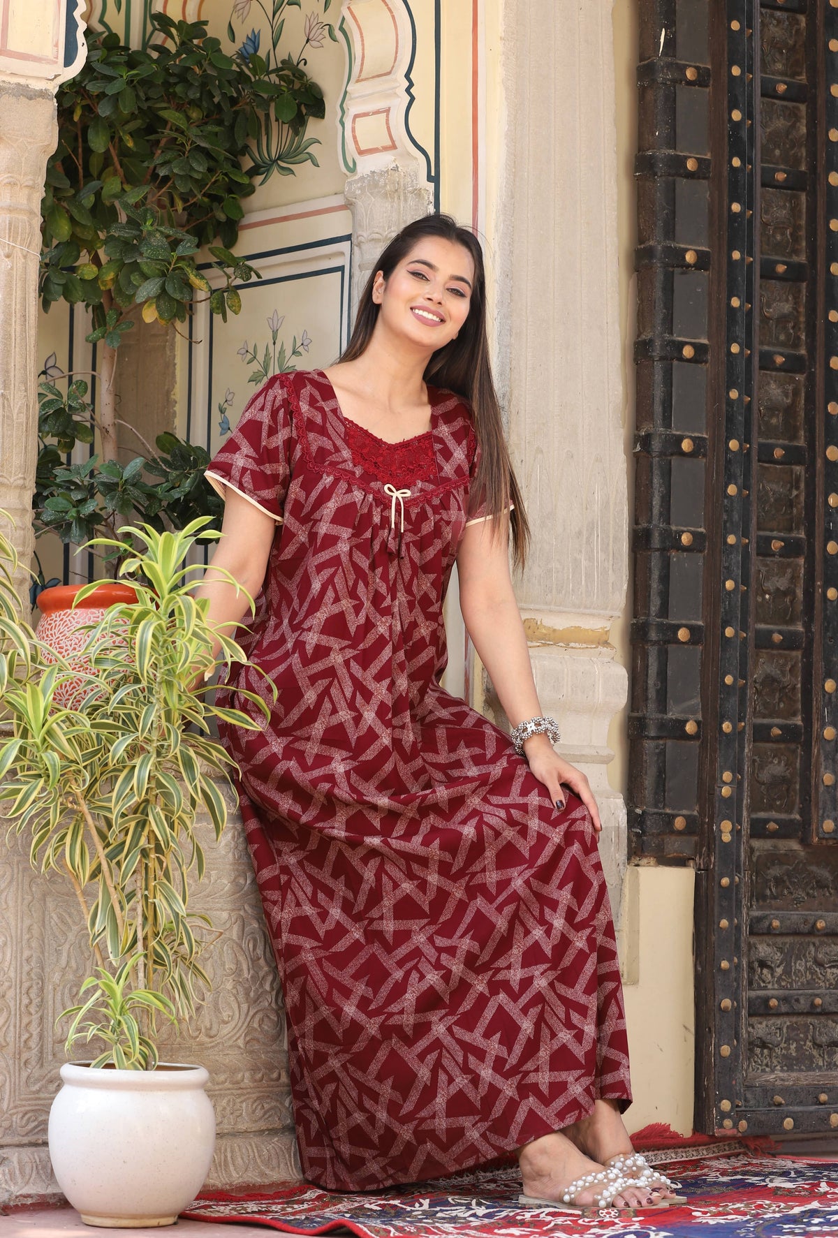 Womens Maroon Alpine Fabric Geometric Printed Maxi Nighty | Premium Sweetheart V-Neck Embroidered Full Length Nightgown