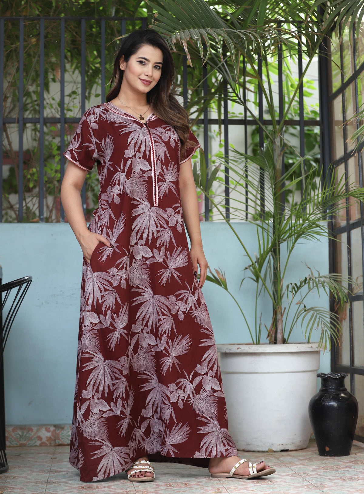 Womens Maroon Alpine Fabric Botanical Printed Maxi Nighty | Premium V-Neck Embroidered Placket Full Length Nightgown