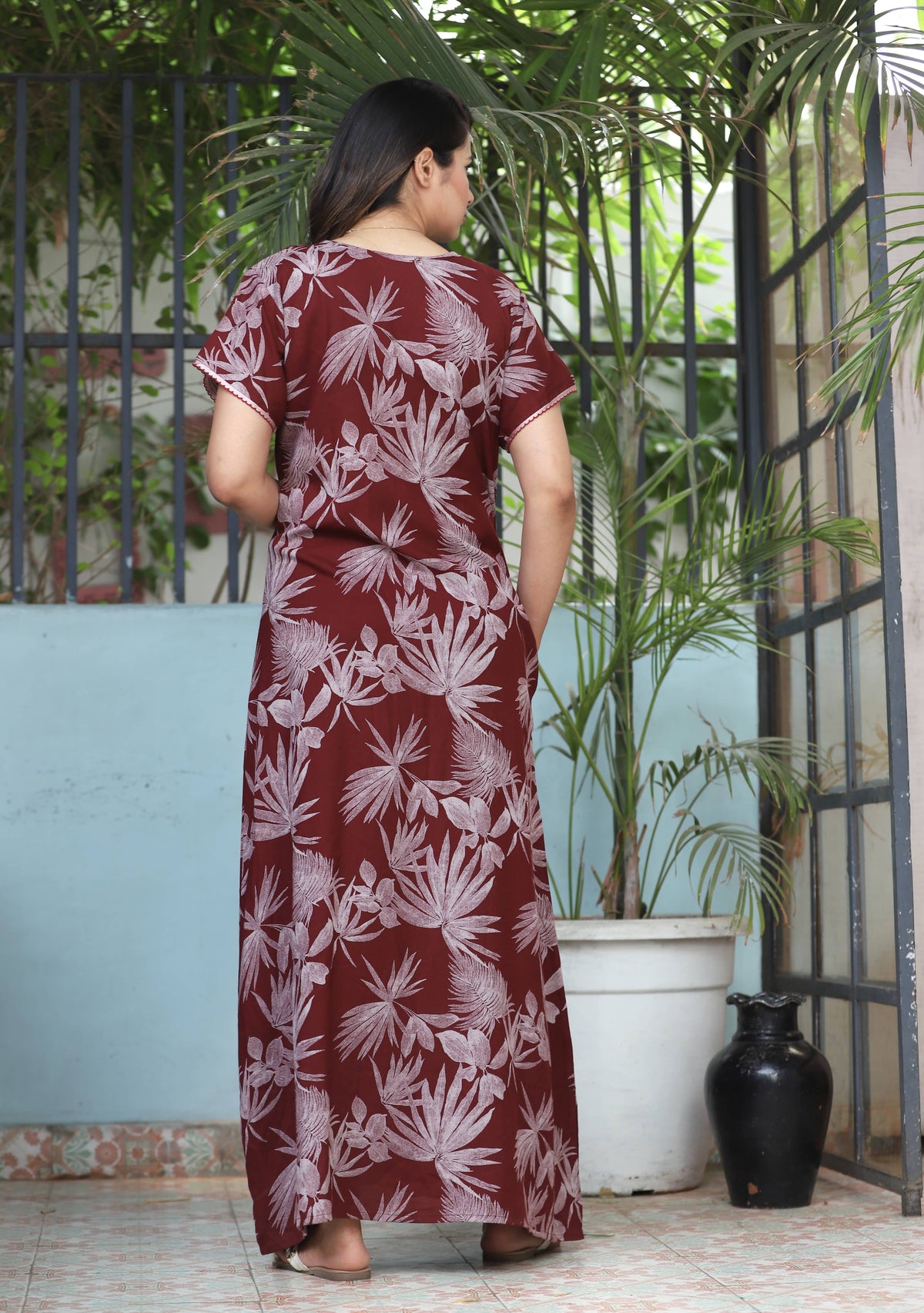 Womens Maroon Alpine Fabric Botanical Printed Maxi Nighty | Premium V-Neck Embroidered Placket Full Length Nightgown