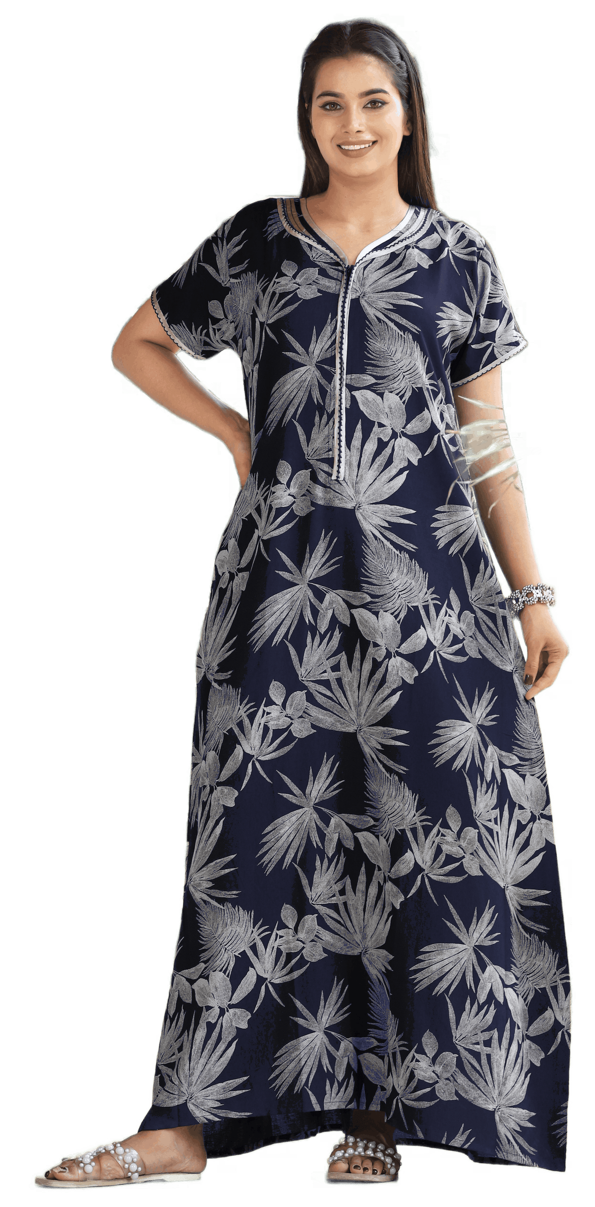 Womens Navy Blue Alpine Fabric Botanical Printed Maxi Nighty | Premium V-Neck Embroidered Placket Full Length Nightgown