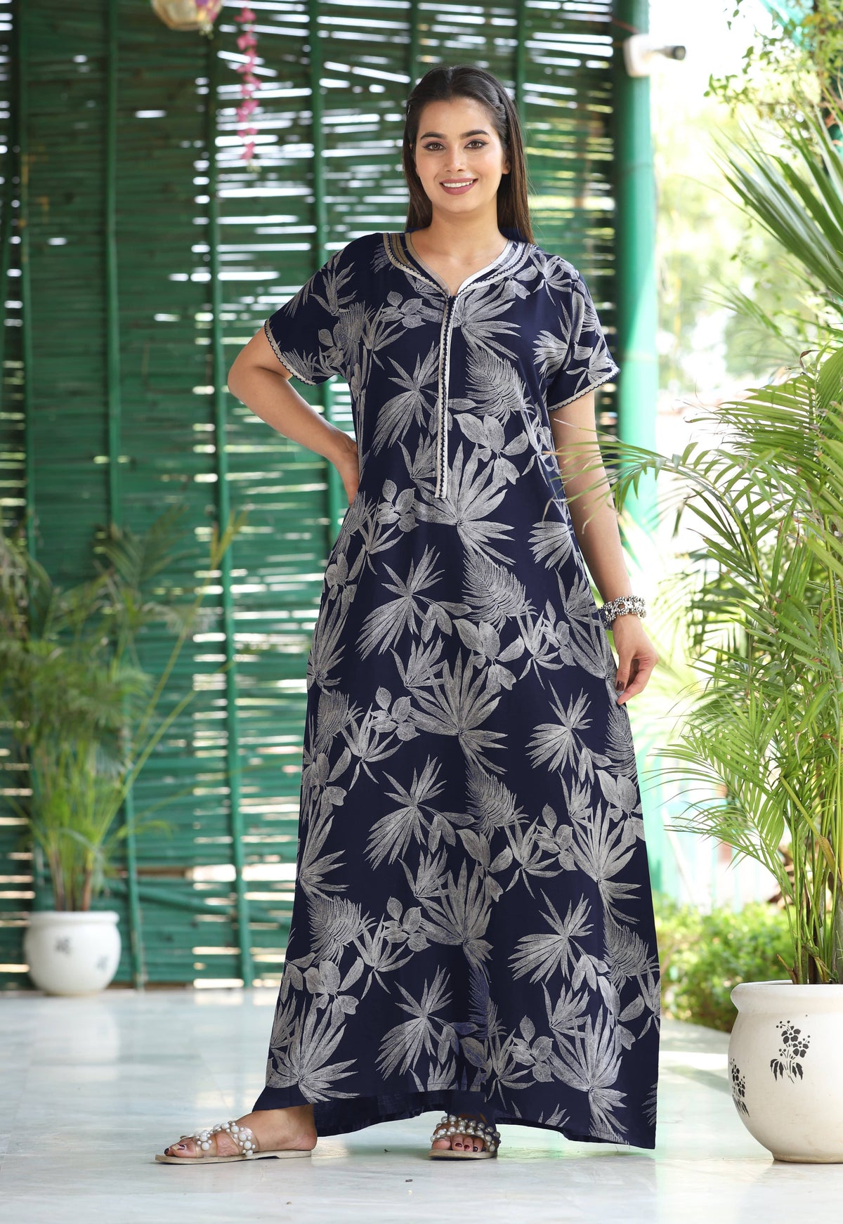 Womens Navy Blue Alpine Fabric Botanical Printed Maxi Nighty | Premium V-Neck Embroidered Placket Full Length Nightgown