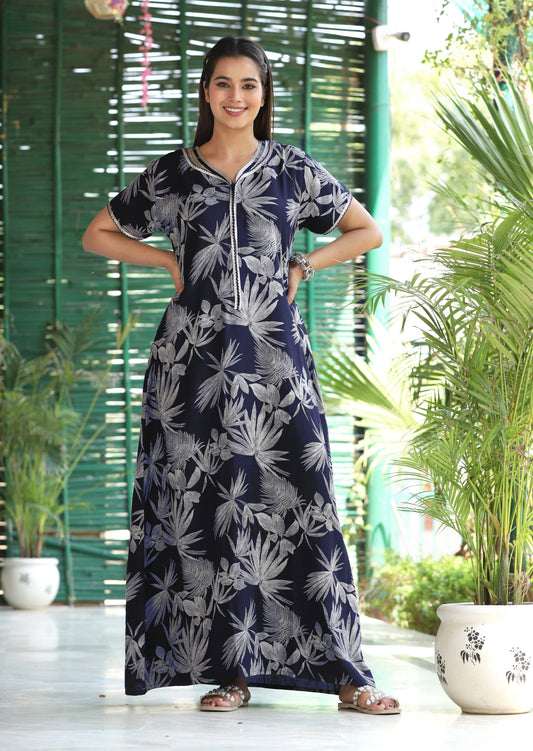 Womens Navy Blue Alpine Fabric Botanical Printed Maxi Nighty | Premium V-Neck Embroidered Placket Full Length Nightgown