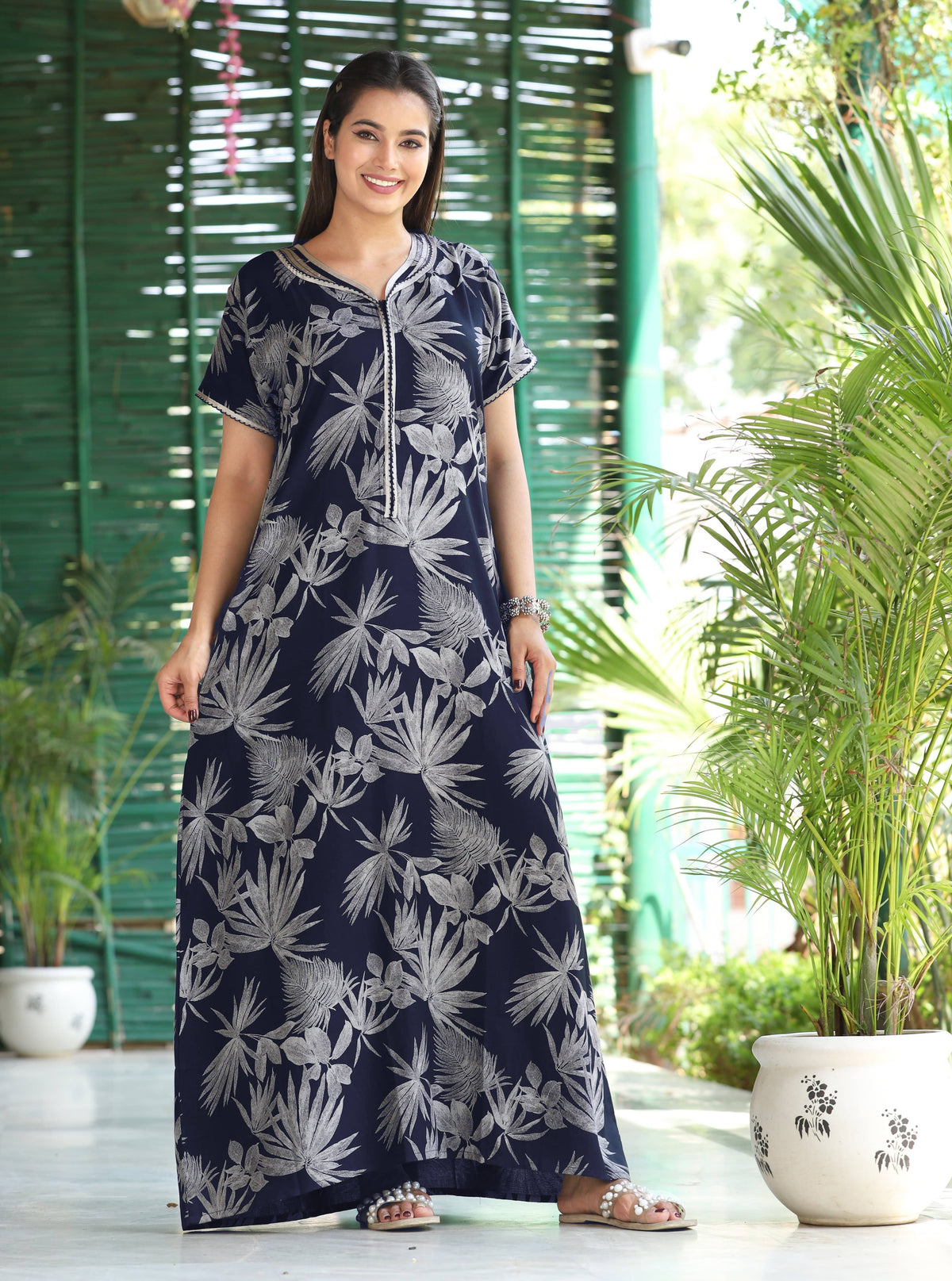 Womens Navy Blue Alpine Fabric Botanical Printed Maxi Nighty | Premium V-Neck Embroidered Placket Full Length Nightgown