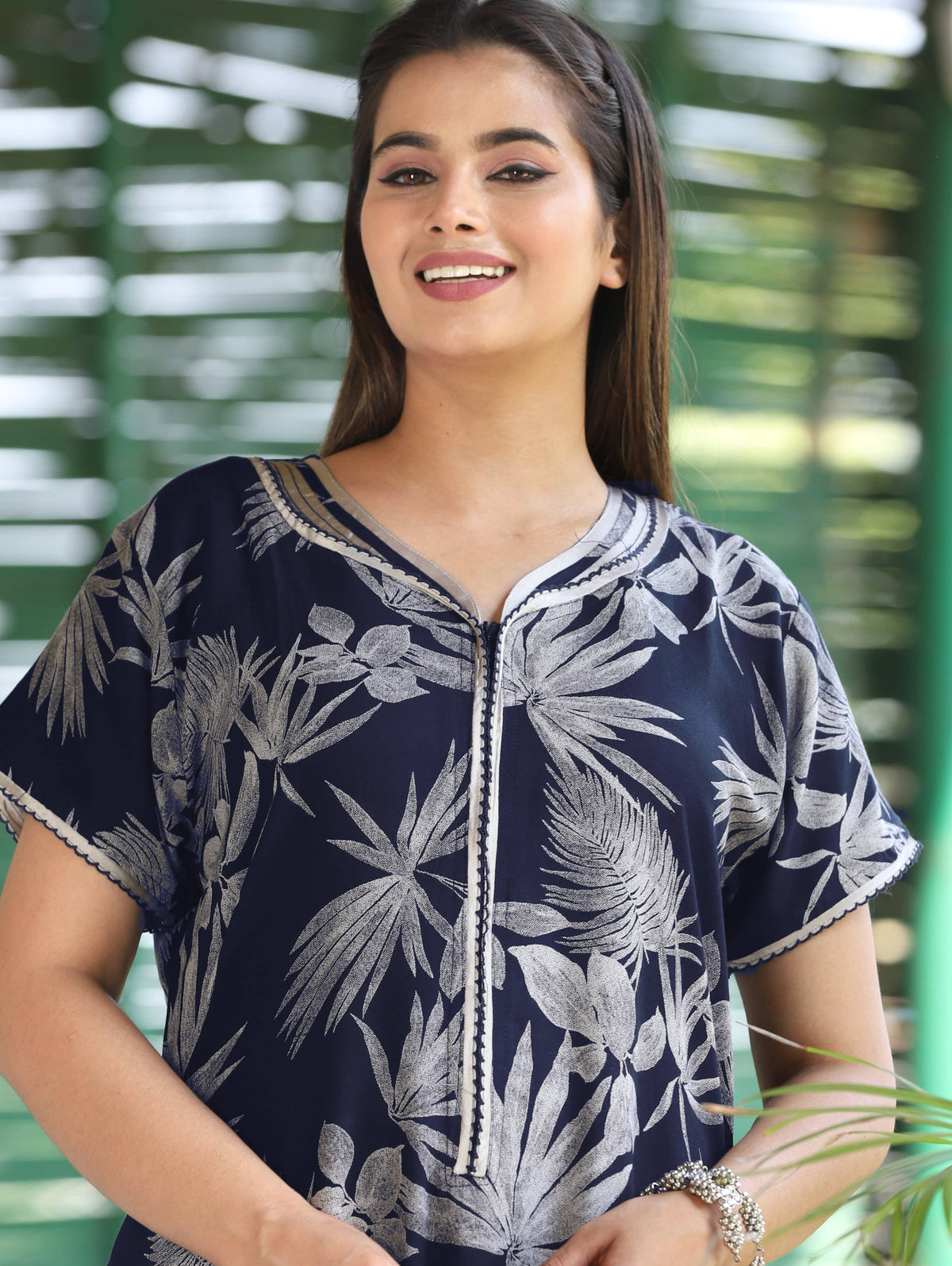 Womens Navy Blue Alpine Fabric Botanical Printed Maxi Nighty | Premium V-Neck Embroidered Placket Full Length Nightgown