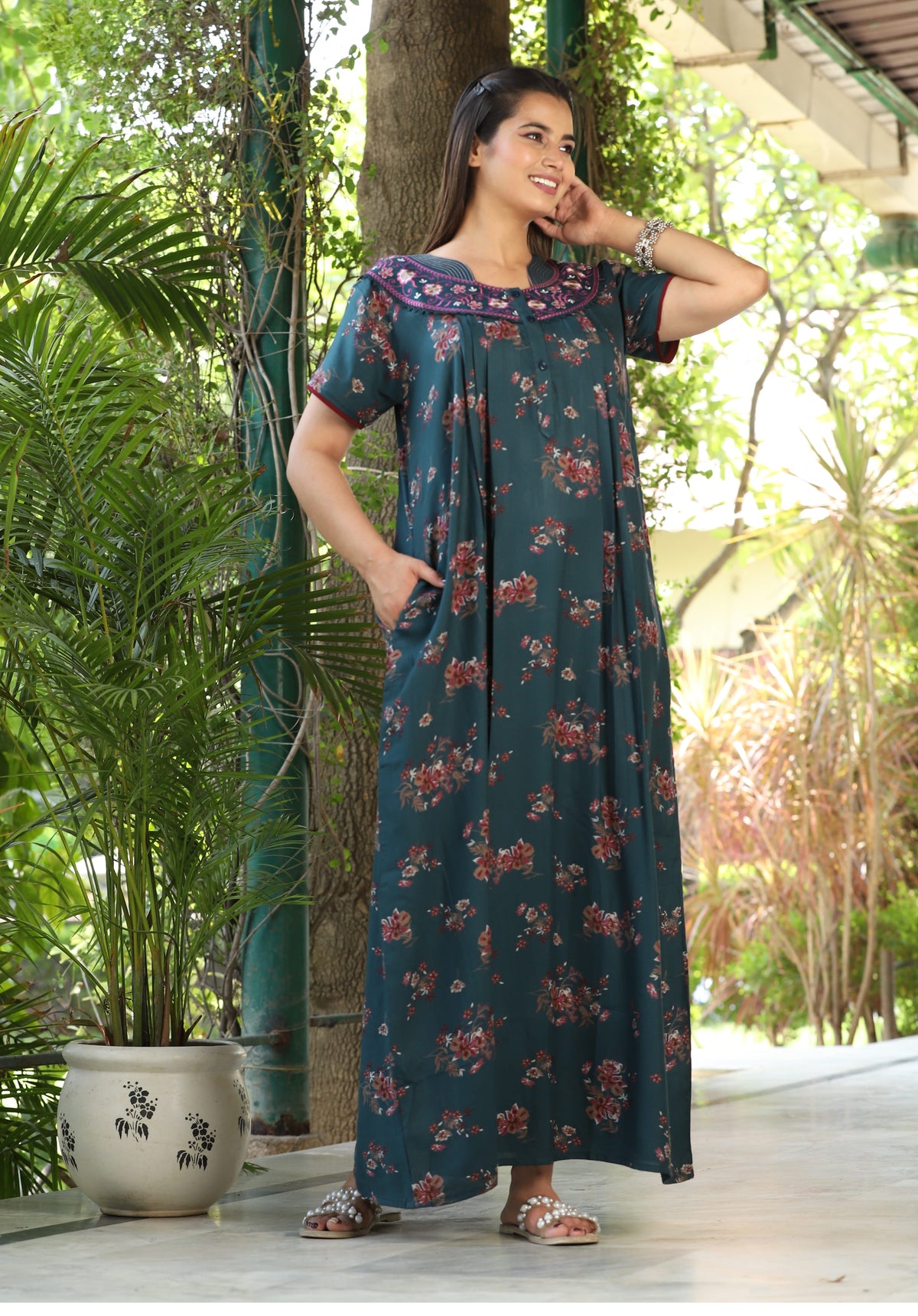 Womens Dark Teal Alpine Fabric Floral Printed Maxi Nighty | Premium Round Neck Embroidered Yoke Full Length Nightgown