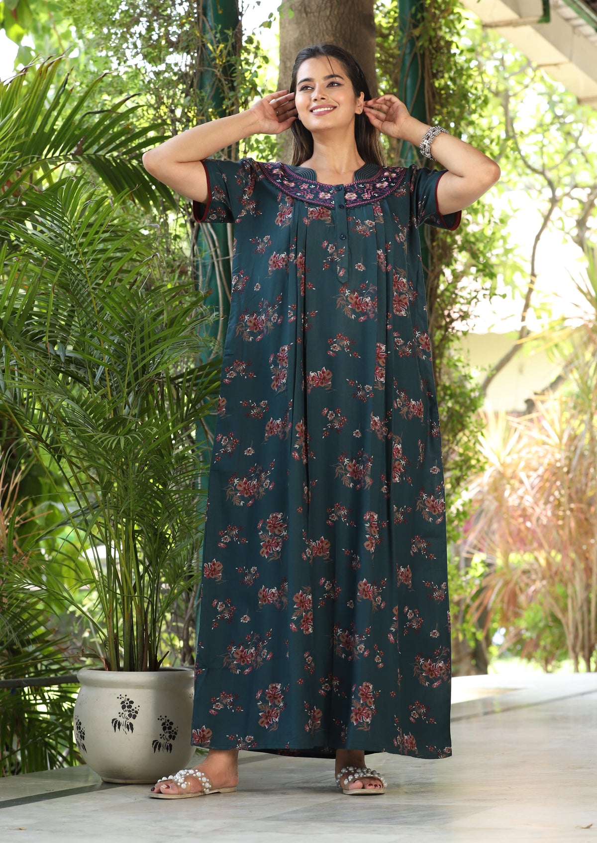 Womens Dark Teal Alpine Fabric Floral Printed Maxi Nighty | Premium Round Neck Embroidered Yoke Full Length Nightgown