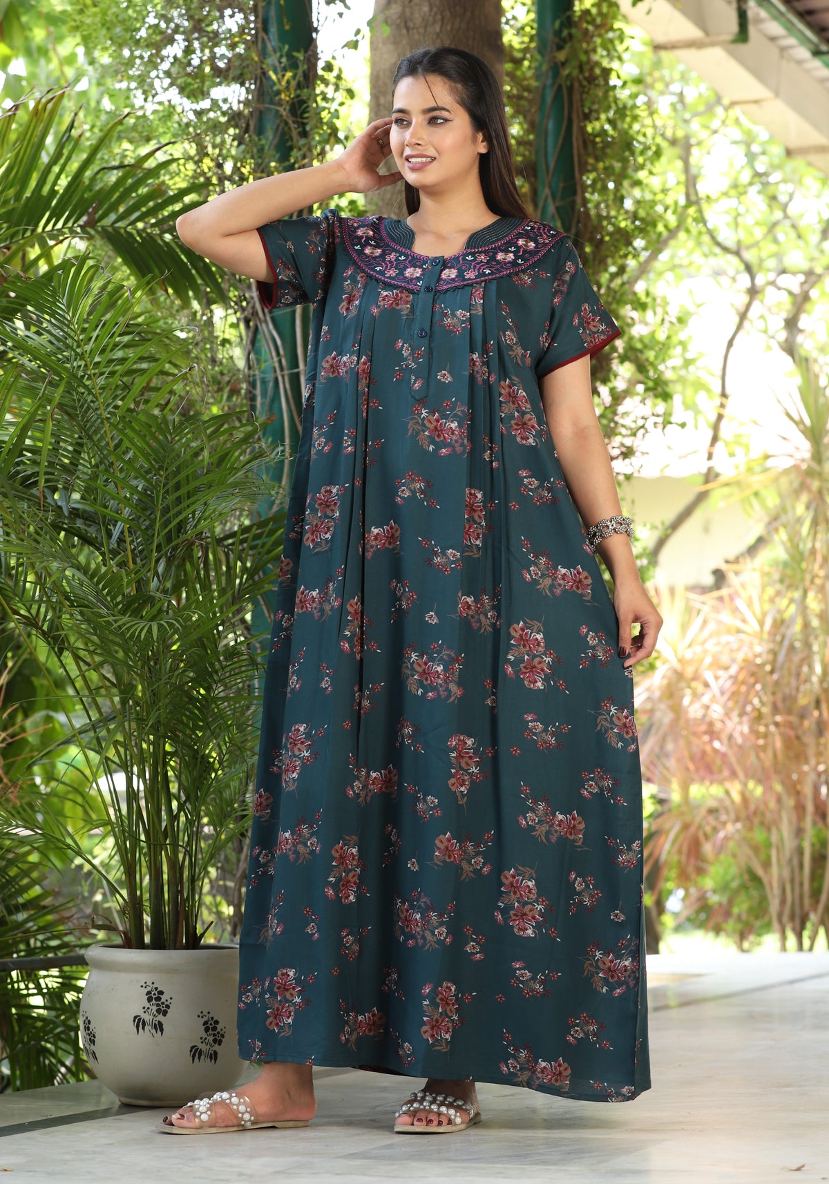 Womens Dark Teal Alpine Fabric Floral Printed Maxi Nighty | Premium Round Neck Embroidered Yoke Full Length Nightgown