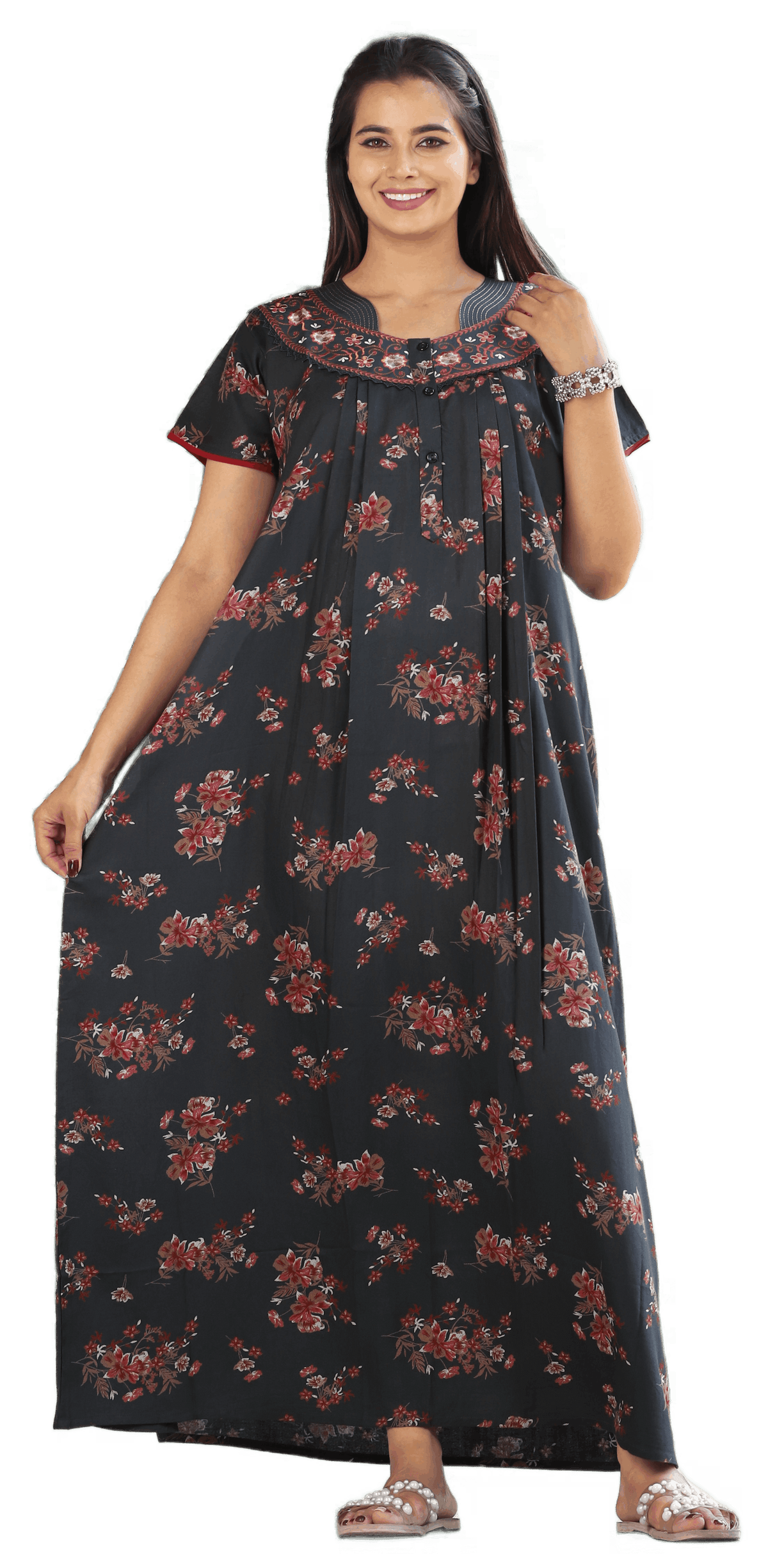 Womens Jet Black Alpine Fabric Floral Printed Maxi Nighty | Premium Round Neck Embroidered Yoke Full Length Nightgown