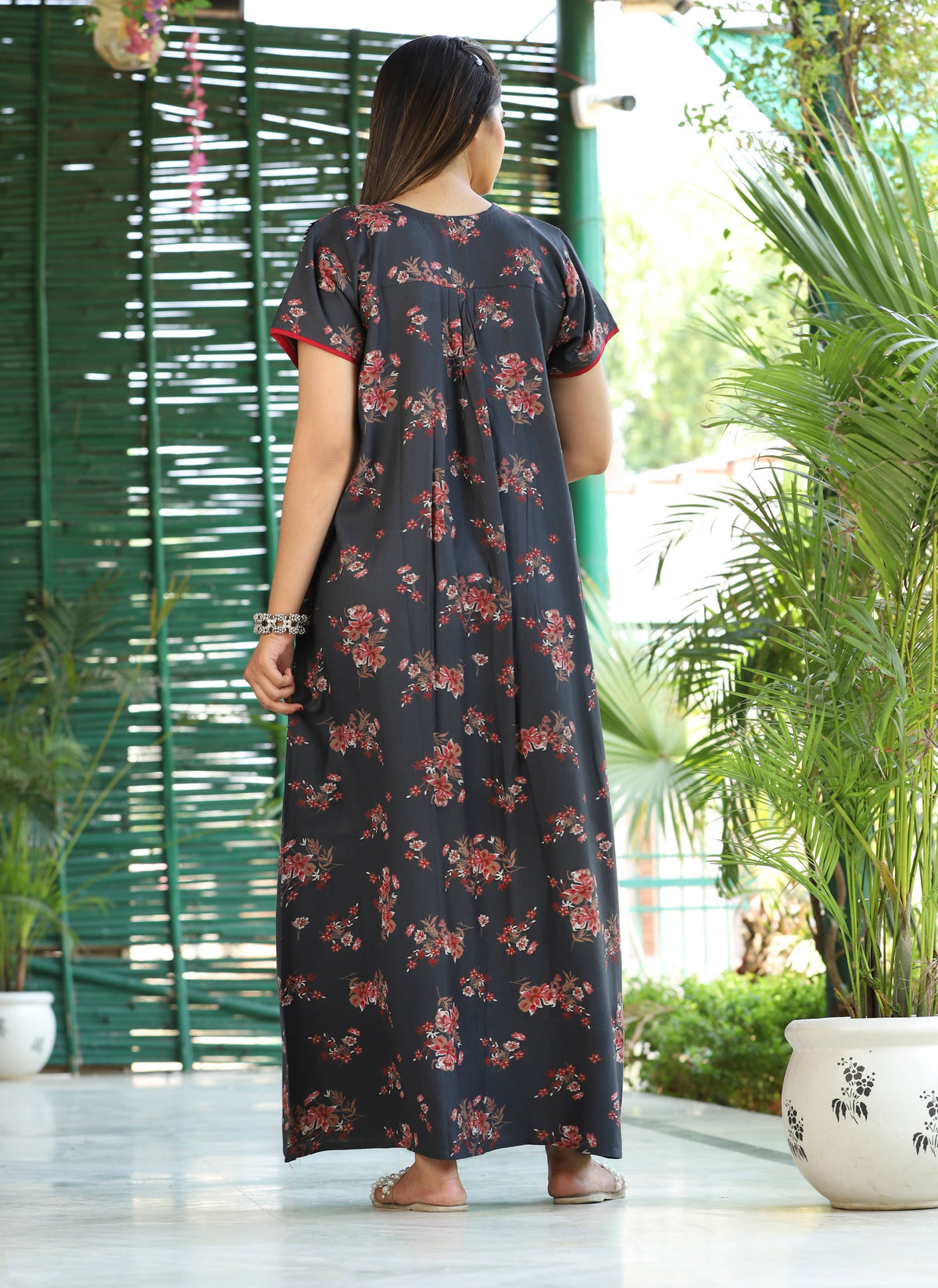 Womens Jet Black Alpine Fabric Floral Printed Maxi Nighty | Premium Round Neck Embroidered Yoke Full Length Nightgown