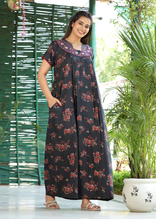 Womens Jet Black Alpine Fabric Floral Printed Maxi Nighty | Premium Round Neck Embroidered Yoke Full Length Nightgown