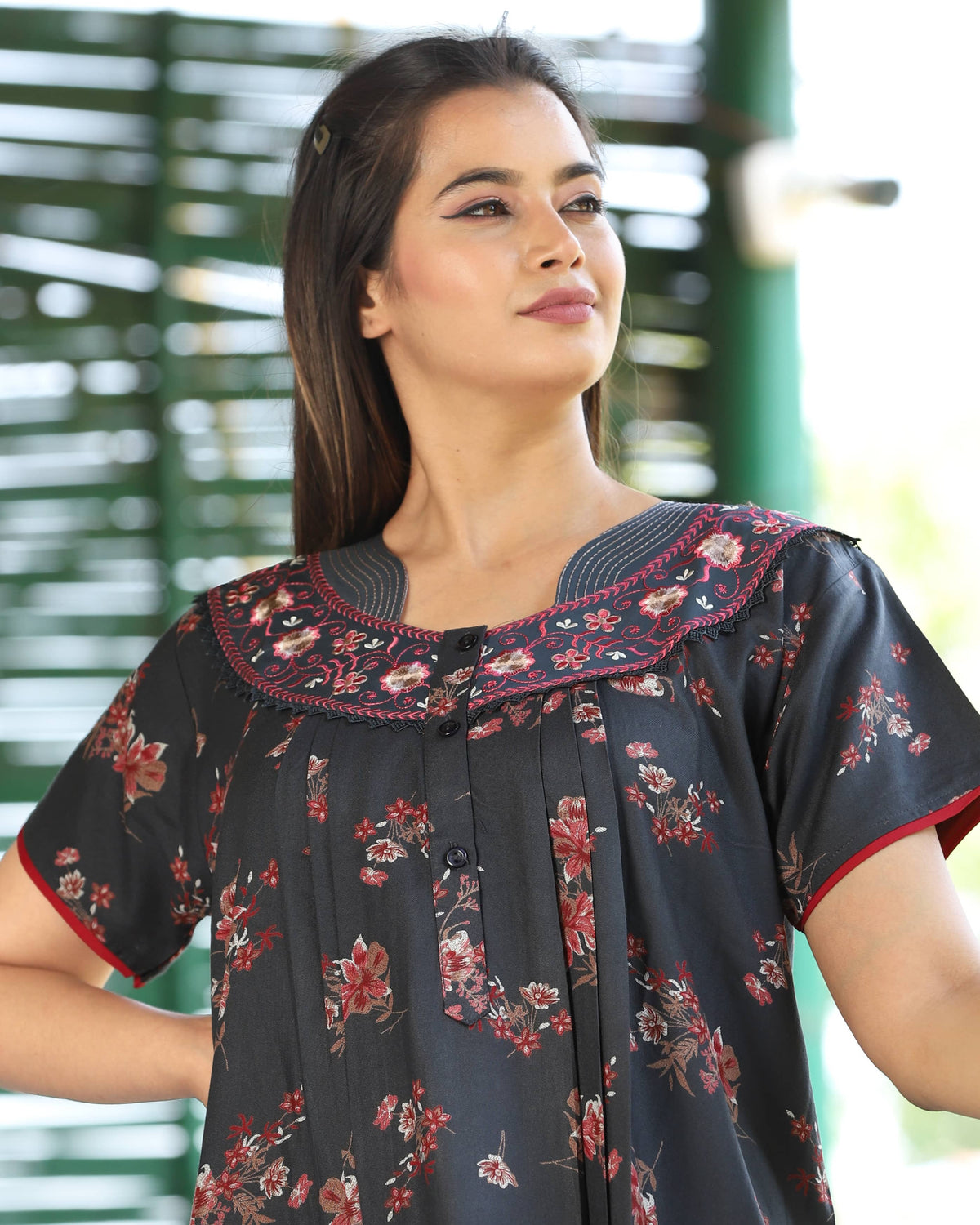 Womens Jet Black Alpine Fabric Floral Printed Maxi Nighty | Premium Round Neck Embroidered Yoke Full Length Nightgown