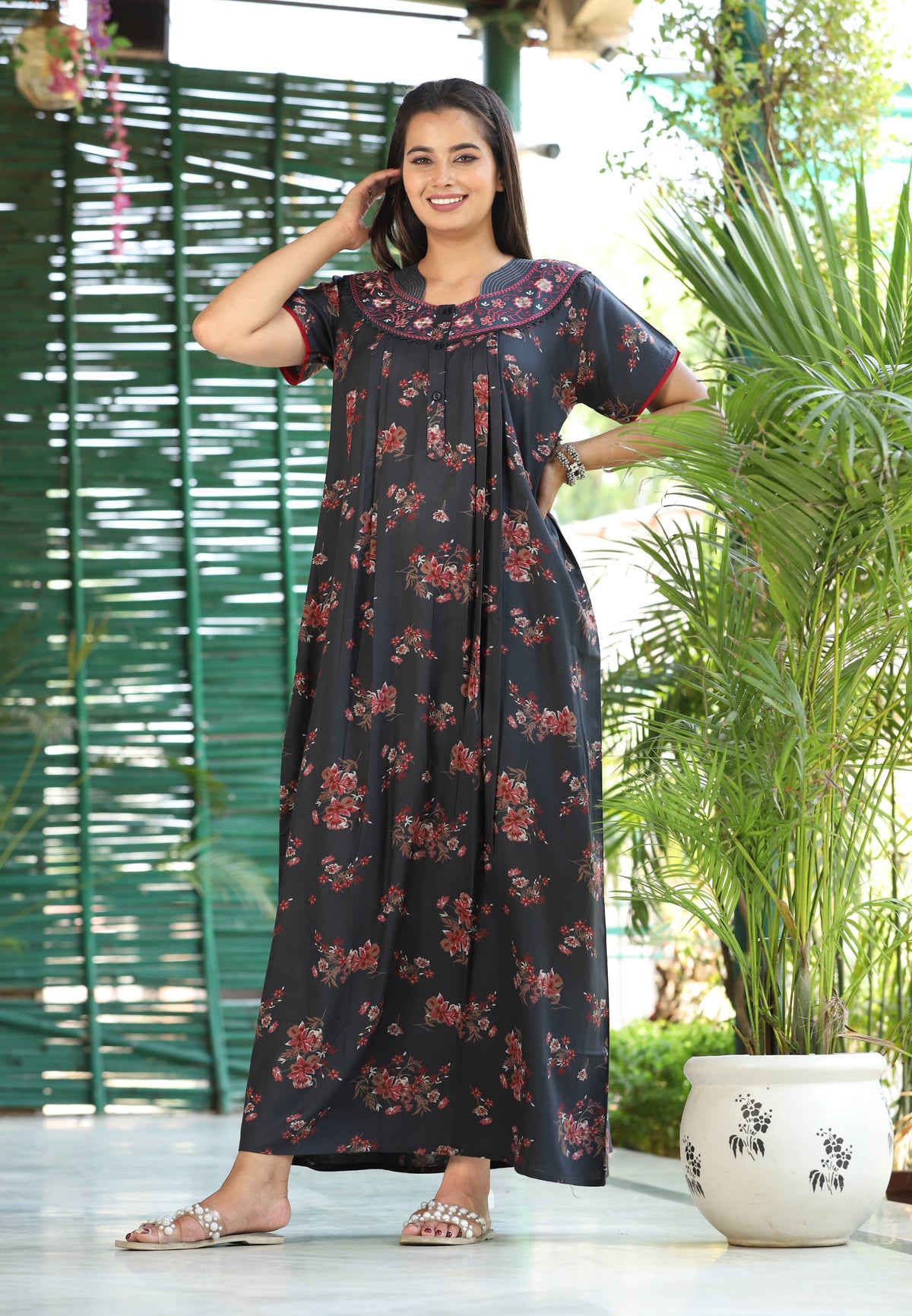 Womens Jet Black Alpine Fabric Floral Printed Maxi Nighty | Premium Round Neck Embroidered Yoke Full Length Nightgown