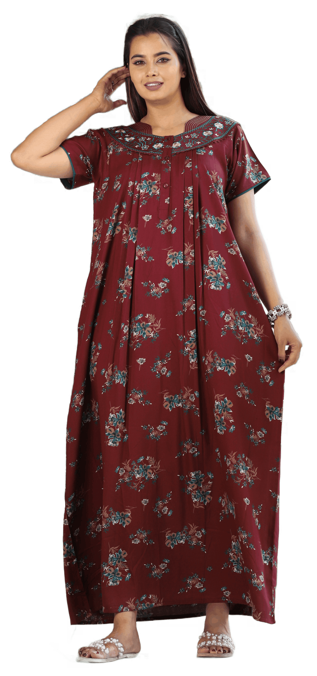 Womens Jet Black Alpine Fabric Floral Printed Maxi Nighty | Premium Round Neck Embroidered Yoke Full Length Nightgown