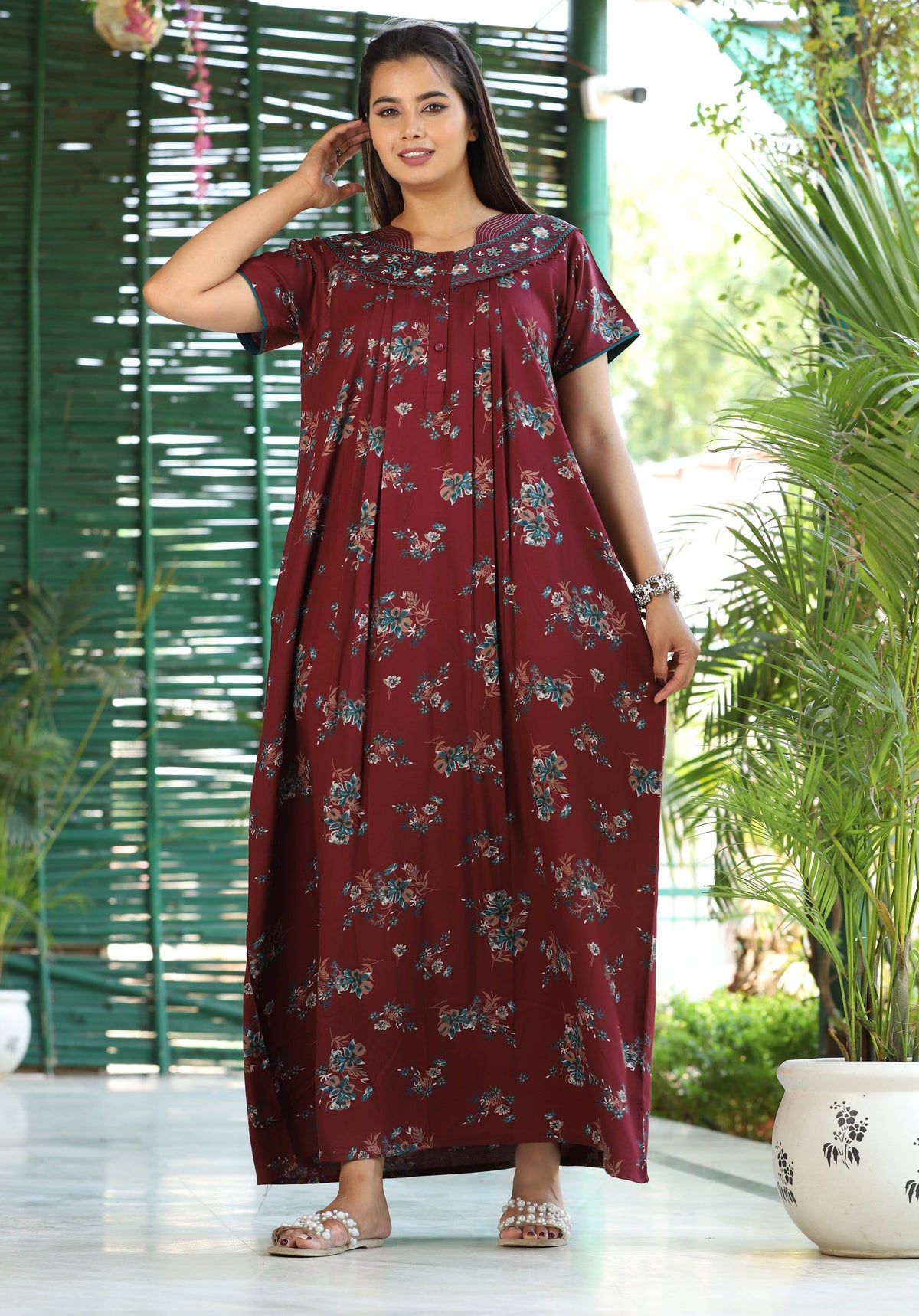 Womens Jet Black Alpine Fabric Floral Printed Maxi Nighty | Premium Round Neck Embroidered Yoke Full Length Nightgown