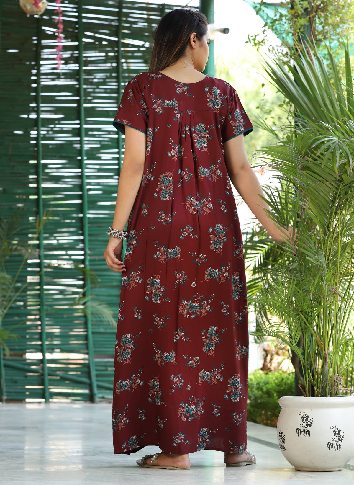 Womens Jet Black Alpine Fabric Floral Printed Maxi Nighty | Premium Round Neck Embroidered Yoke Full Length Nightgown