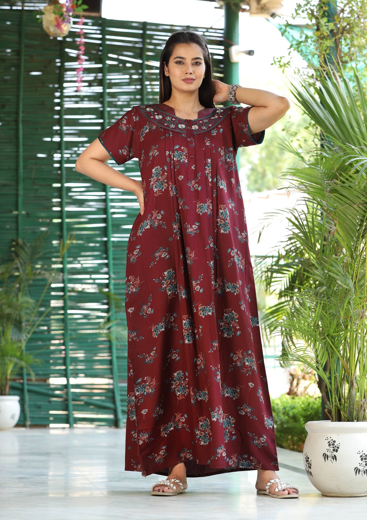 Womens Jet Black Alpine Fabric Floral Printed Maxi Nighty | Premium Round Neck Embroidered Yoke Full Length Nightgown