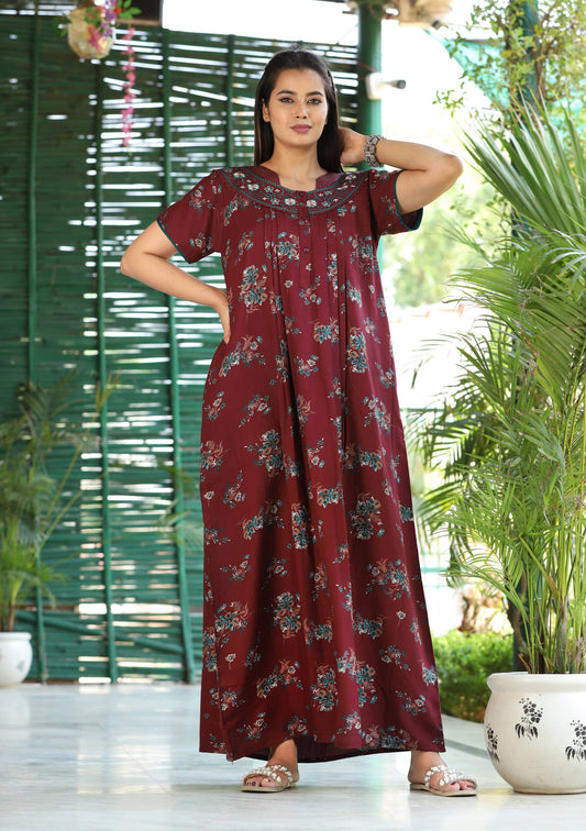 Womens Jet Black Alpine Fabric Floral Printed Maxi Nighty | Premium Round Neck Embroidered Yoke Full Length Nightgown