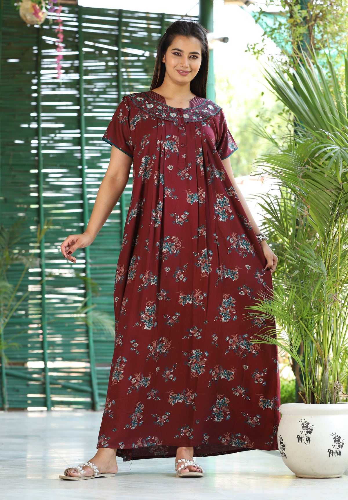Womens Jet Black Alpine Fabric Floral Printed Maxi Nighty | Premium Round Neck Embroidered Yoke Full Length Nightgown