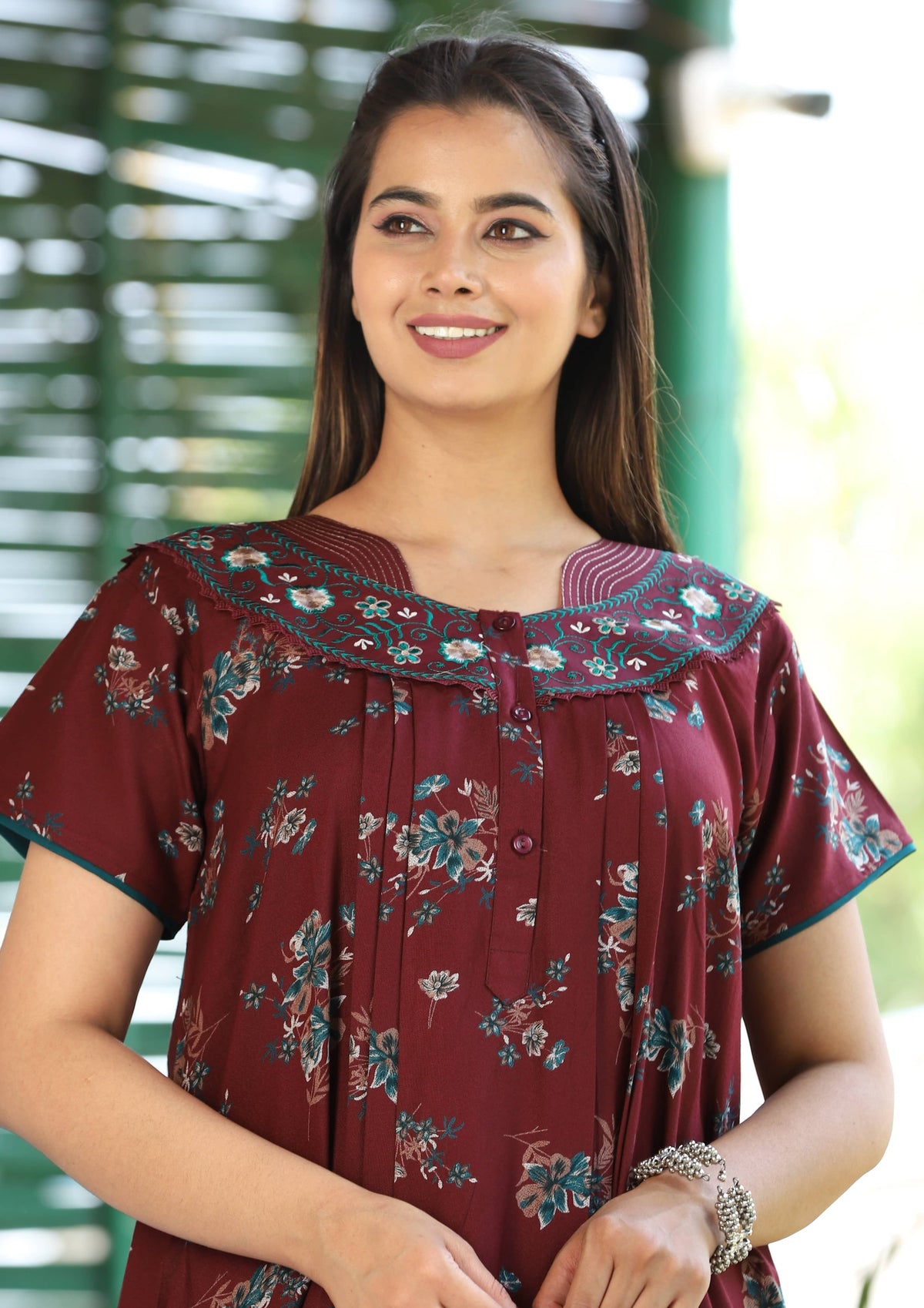 Womens Jet Black Alpine Fabric Floral Printed Maxi Nighty | Premium Round Neck Embroidered Yoke Full Length Nightgown