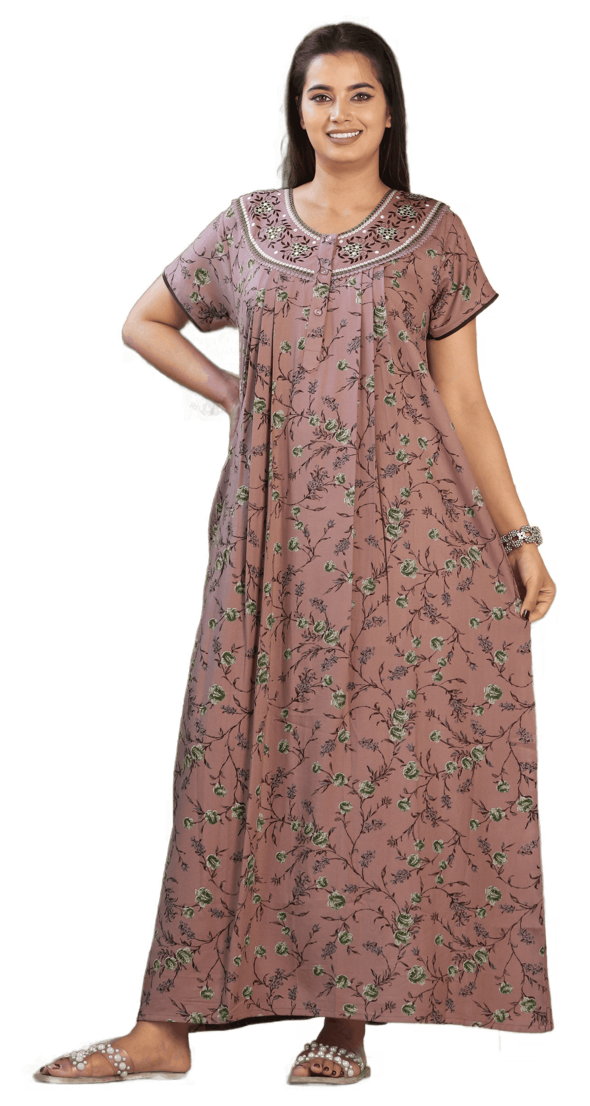 Womens Mauve Alpine Fabric Floral Printed Maxi Nighty | Premium Round Neck Embroidered Yoke Full Length Nightgown