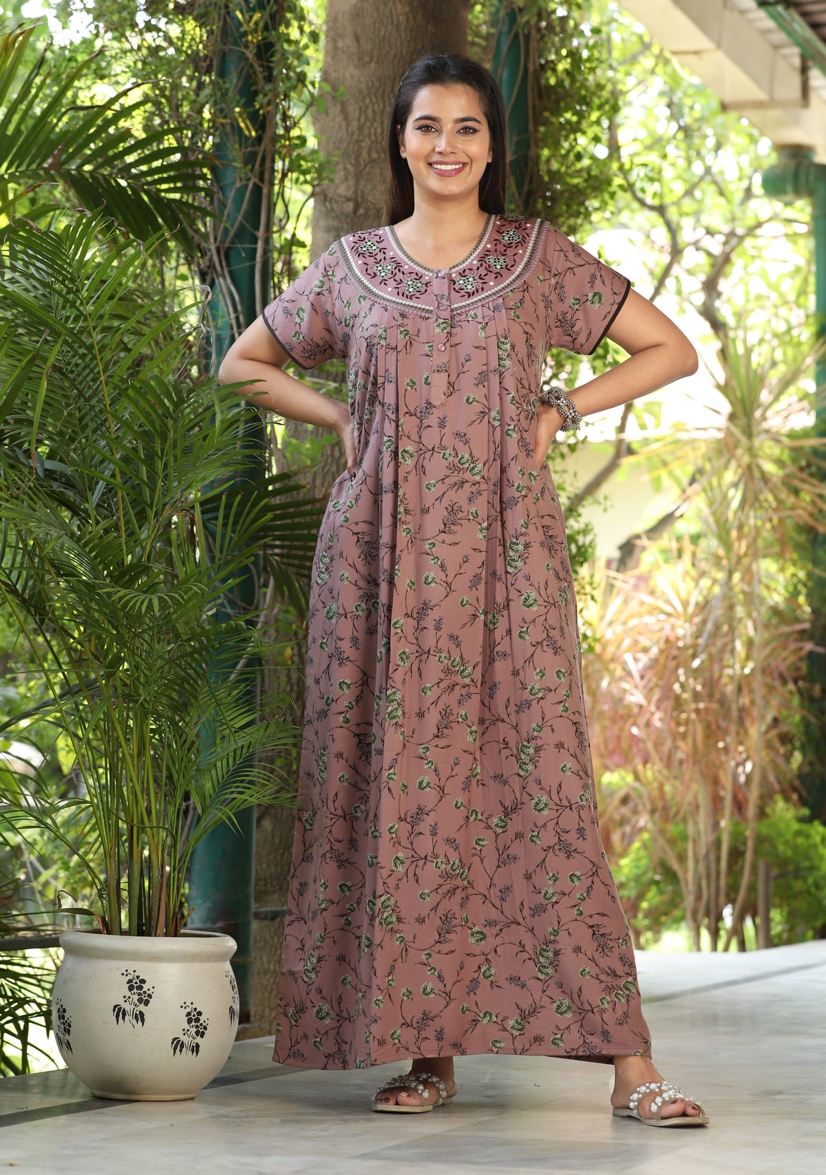 Womens Mauve Alpine Fabric Floral Printed Maxi Nighty | Premium Round Neck Embroidered Yoke Full Length Nightgown