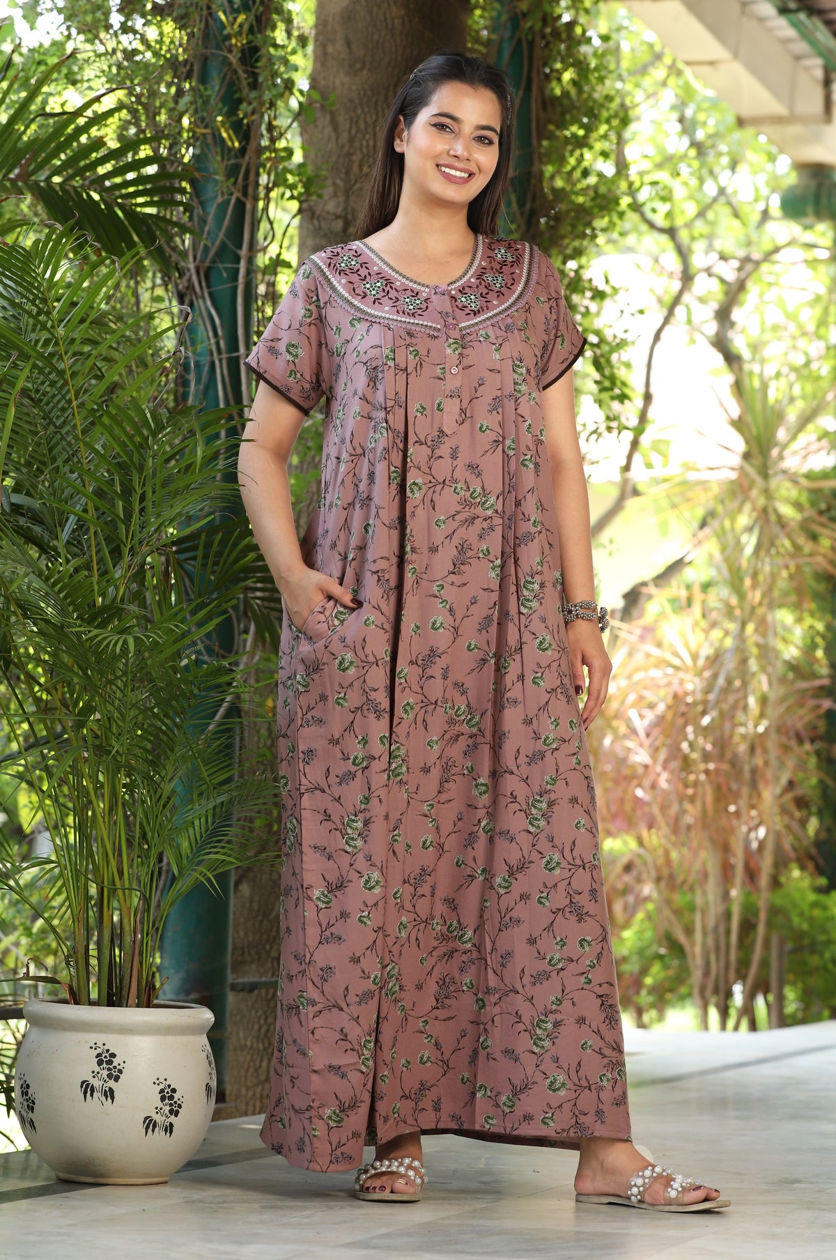 Womens Mauve Alpine Fabric Floral Printed Maxi Nighty | Premium Round Neck Embroidered Yoke Full Length Nightgown