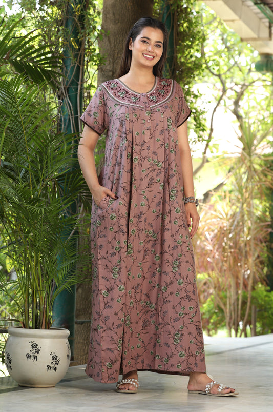 Womens Mauve Alpine Fabric Floral Printed Maxi Nighty | Premium Round Neck Embroidered Yoke Full Length Nightgown