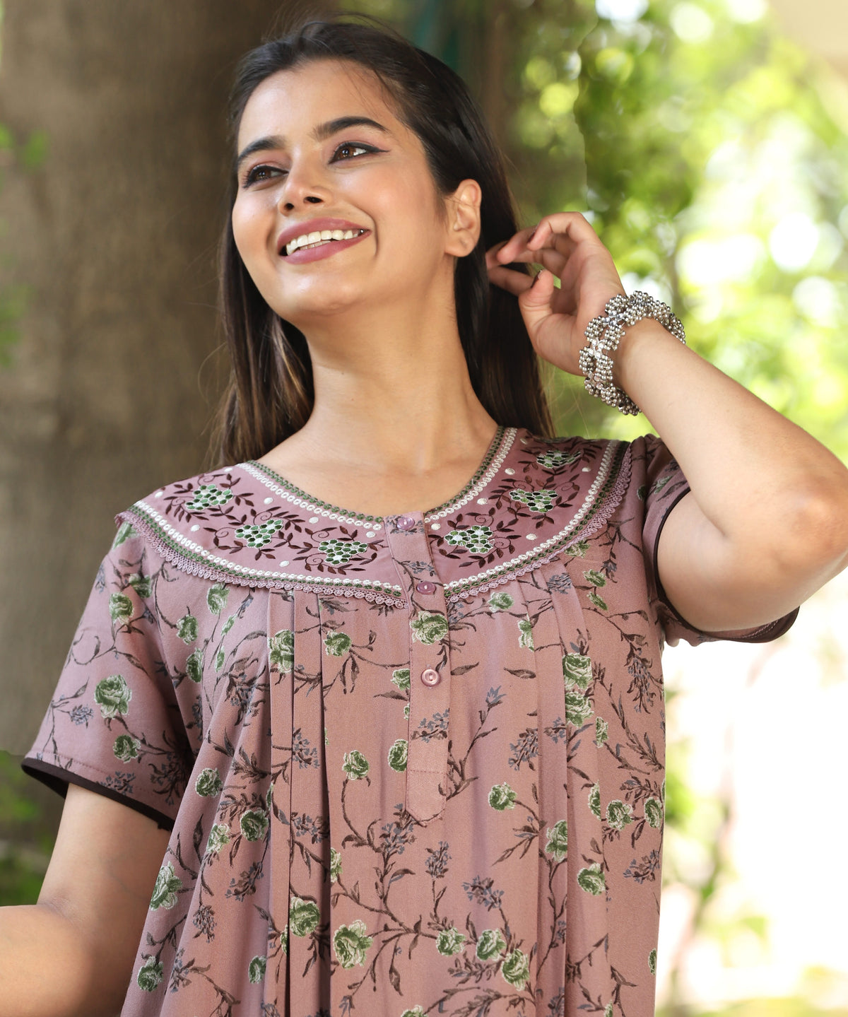 Womens Mauve Alpine Fabric Floral Printed Maxi Nighty | Premium Round Neck Embroidered Yoke Full Length Nightgown