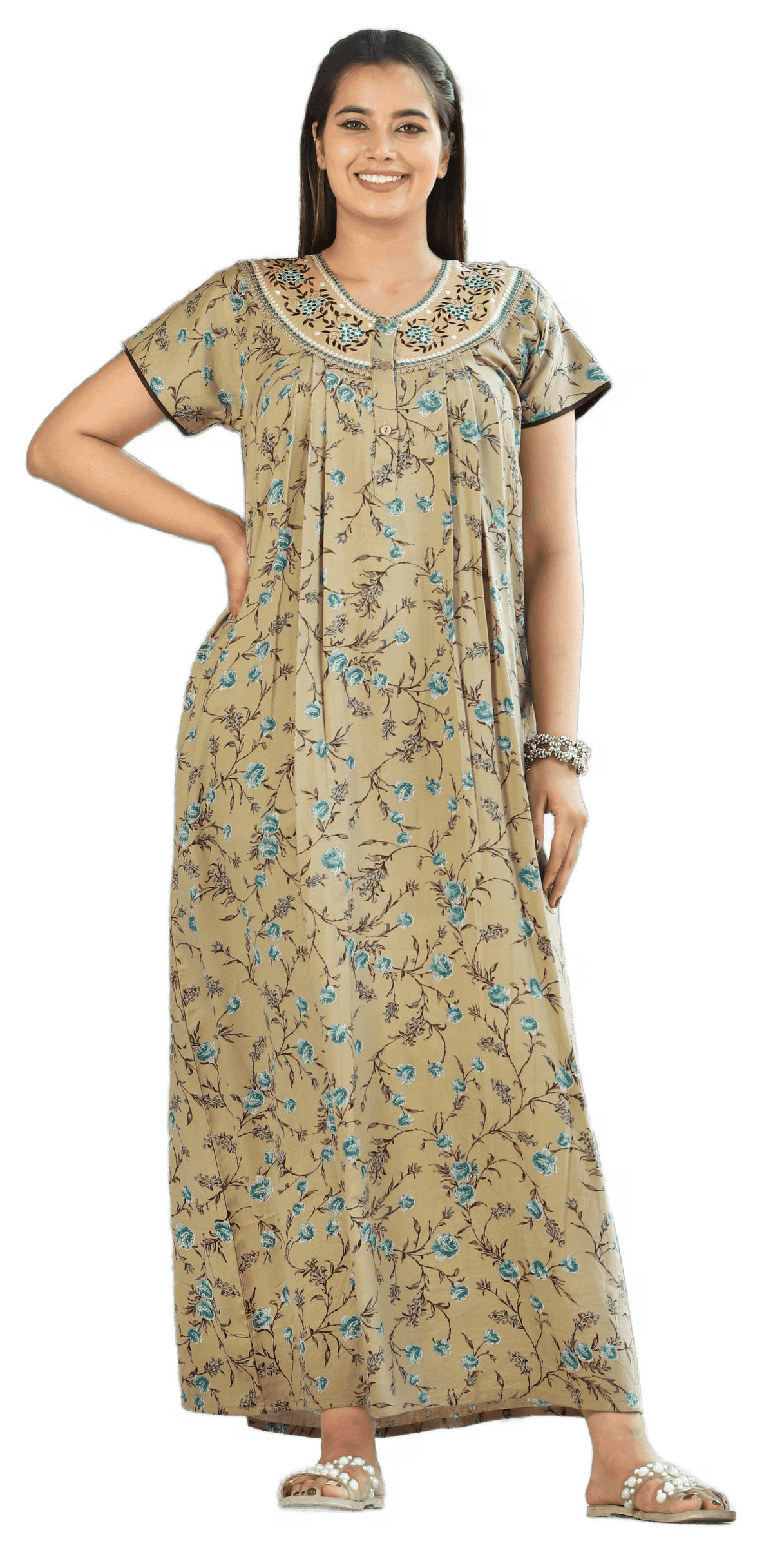 Womens Olive Khaki Alpine Fabric Floral Printed Maxi Nighty | Premium Round Neck Embroidered Yoke Full Length Nightgown