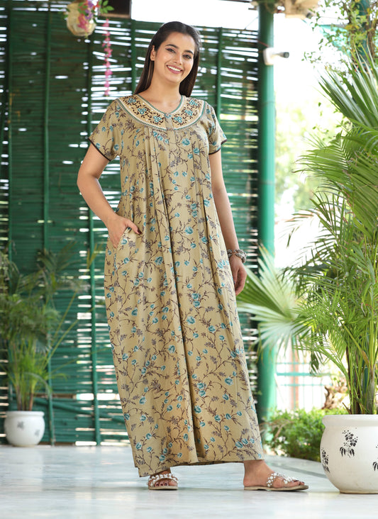 Womens Olive Khaki Alpine Fabric Floral Printed Maxi Nighty | Premium Round Neck Embroidered Yoke Full Length Nightgown