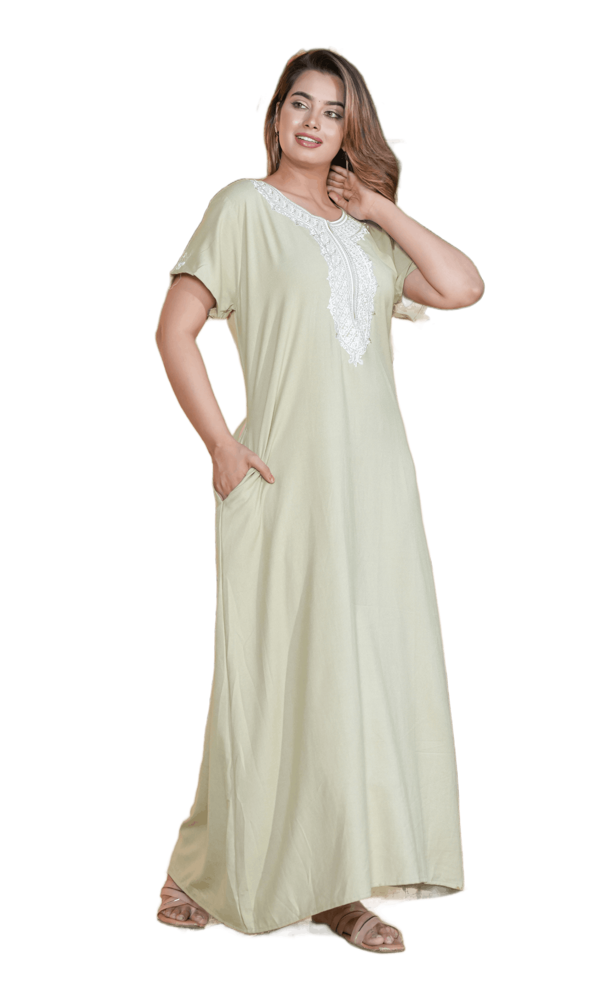 Womens Mint Green Solid Loungewear Maxi Dress | Premium Kashmiri White Thread Embroidered Yoke Nightgown