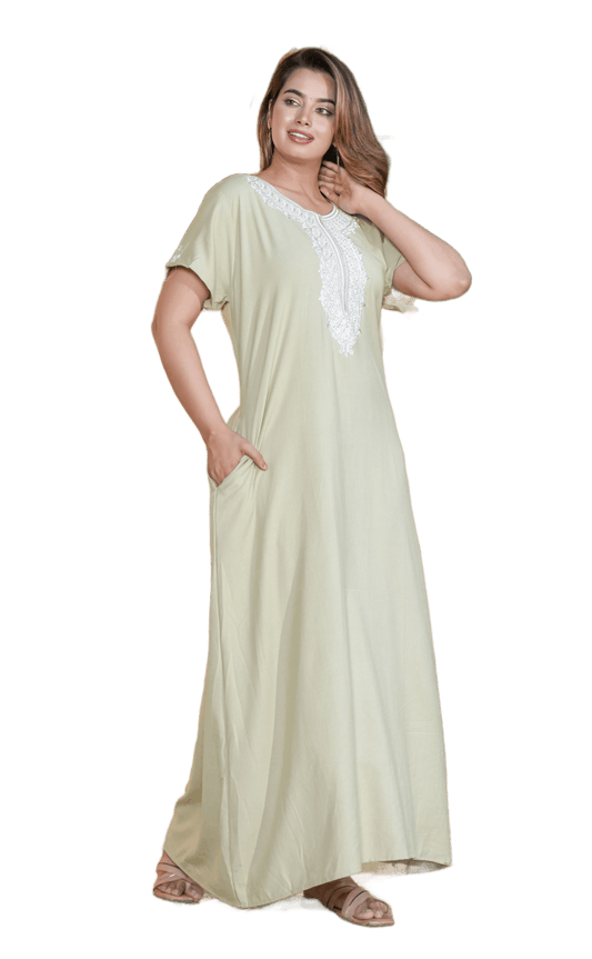 Womens Mint Green Solid Loungewear Maxi Dress | Premium Kashmiri White Thread Embroidered Yoke Nightgown