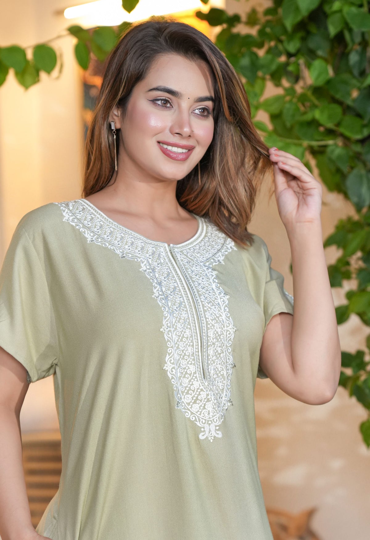 Womens Mint Green Solid Loungewear Maxi Dress | Premium Kashmiri White Thread Embroidered Yoke Nightgown