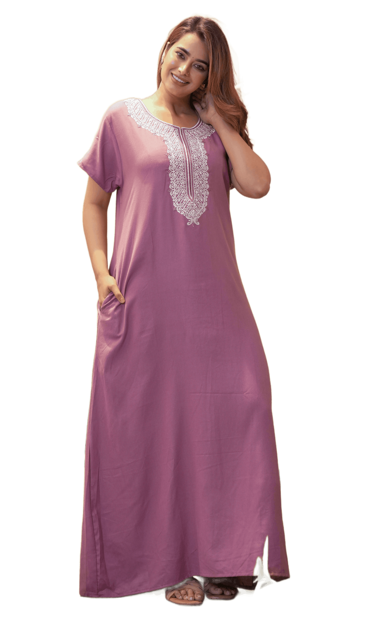Womens Mint Green Solid Loungewear Maxi Dress | Premium Kashmiri White Thread Embroidered Yoke Nightgown