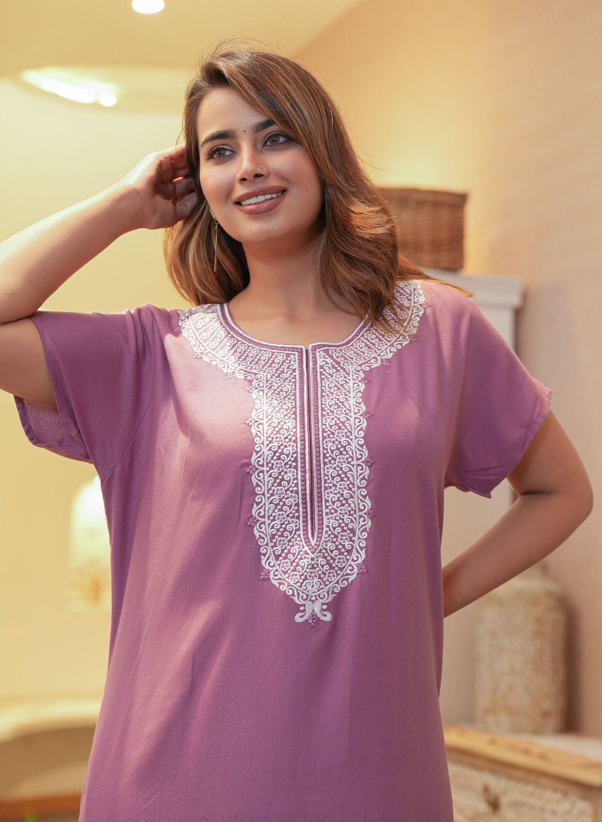 Womens Mint Green Solid Loungewear Maxi Dress | Premium Kashmiri White Thread Embroidered Yoke Nightgown