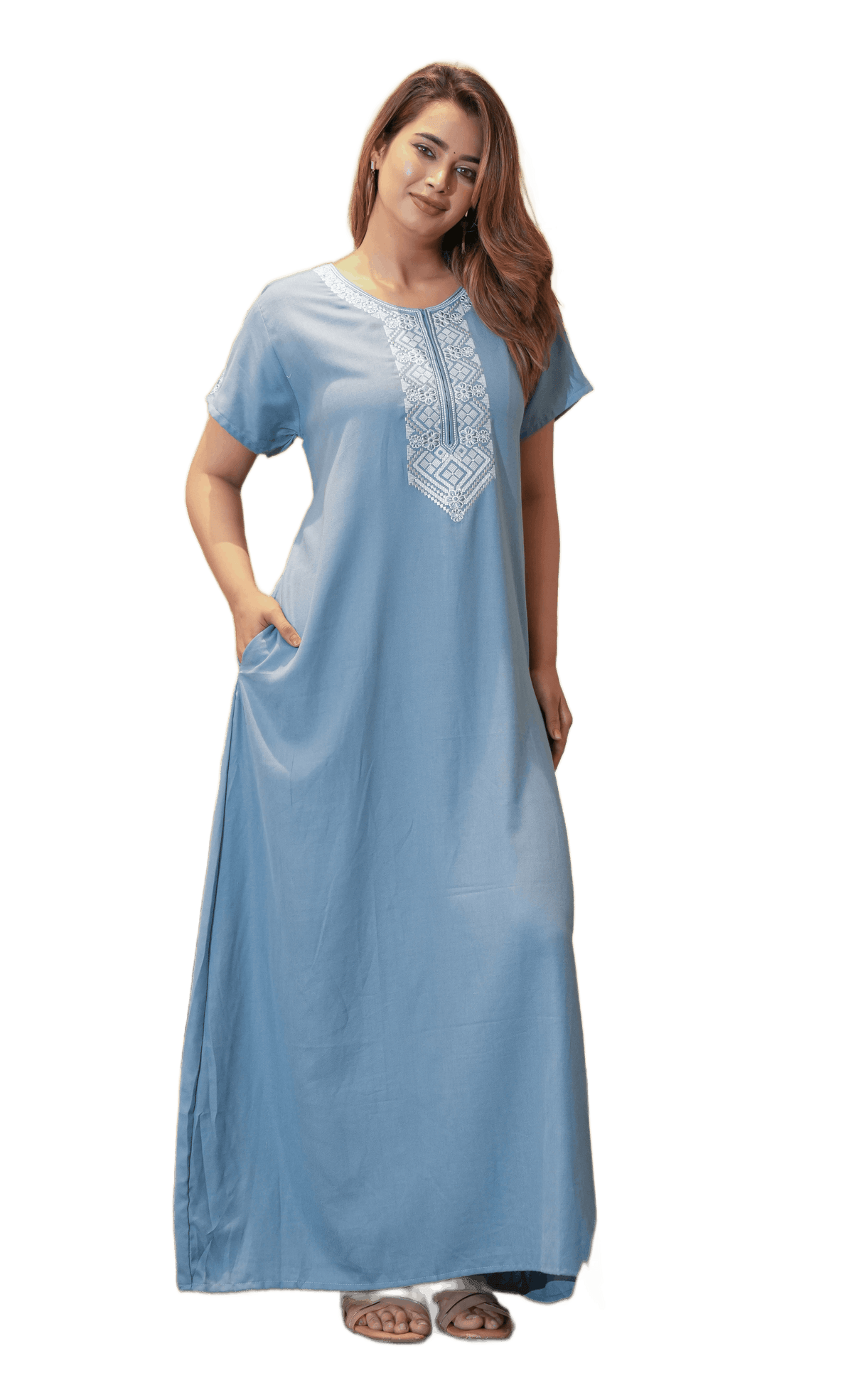 Satrangi House Women's Elegant Embroidered Alpine Maxi Nighty | Soft Denim-Blue Cotton Blend Loungewear Gown with Pocket