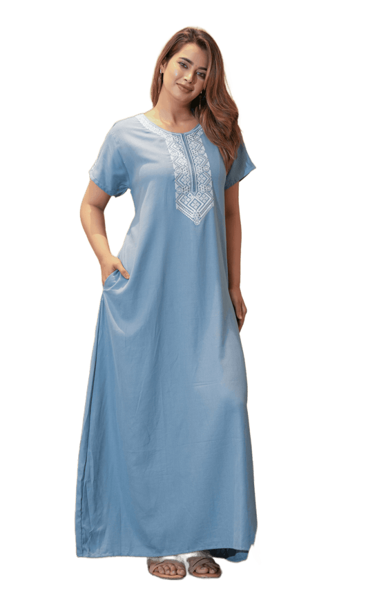 Satrangi House Women's Elegant Embroidered Alpine Maxi Nighty | Soft Denim-Blue Cotton Blend Loungewear Gown with Pocket